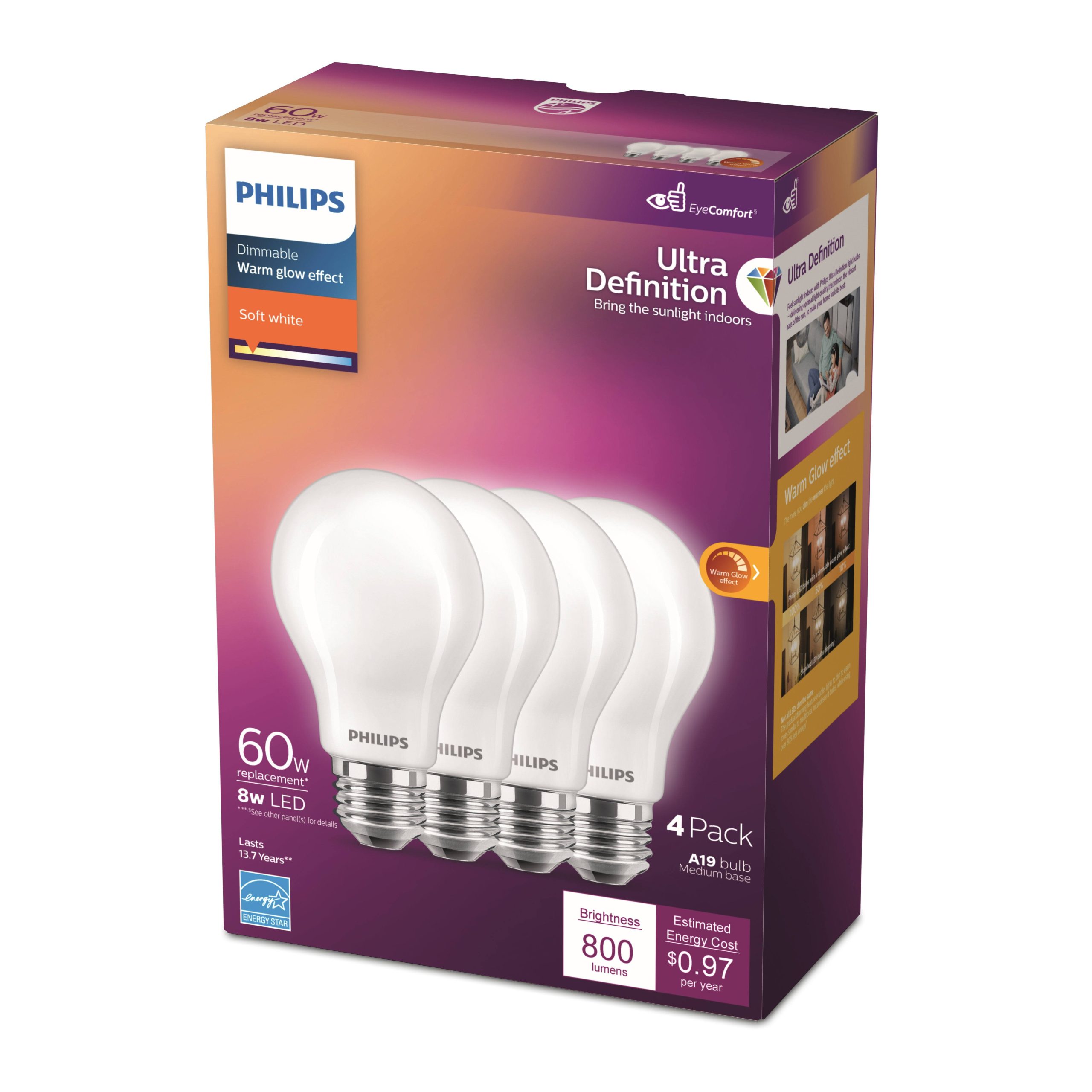 79aa7935d8fe87f0f2577c727d60c7214c43986321ff0788cfd10eb81b96fa55.jpg Philips Ultra Definition A19 E26 (Medium) LED Bulb Soft White 60 Watt Equivalence 4 Pk - Image 1