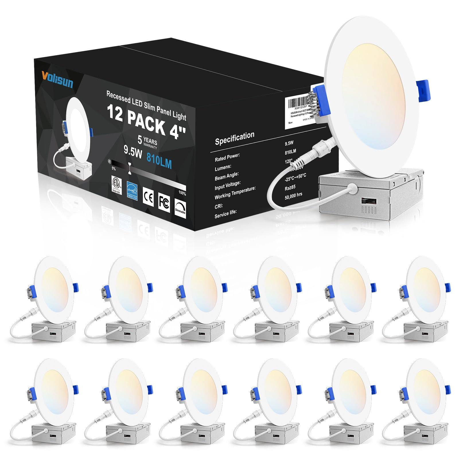 79c3fef973687cba048eb049afa43b91532996c1465f60a1b6e7d752ec100134.jpg VOLISUN 12 Pack 4 inch Recessed Lighting, 5CCT LED Recessed Light with Junction Box, 2700K-5000K Selectable, 9.5W Eqv 80W, 810LM Dimmable Canless - Image 1