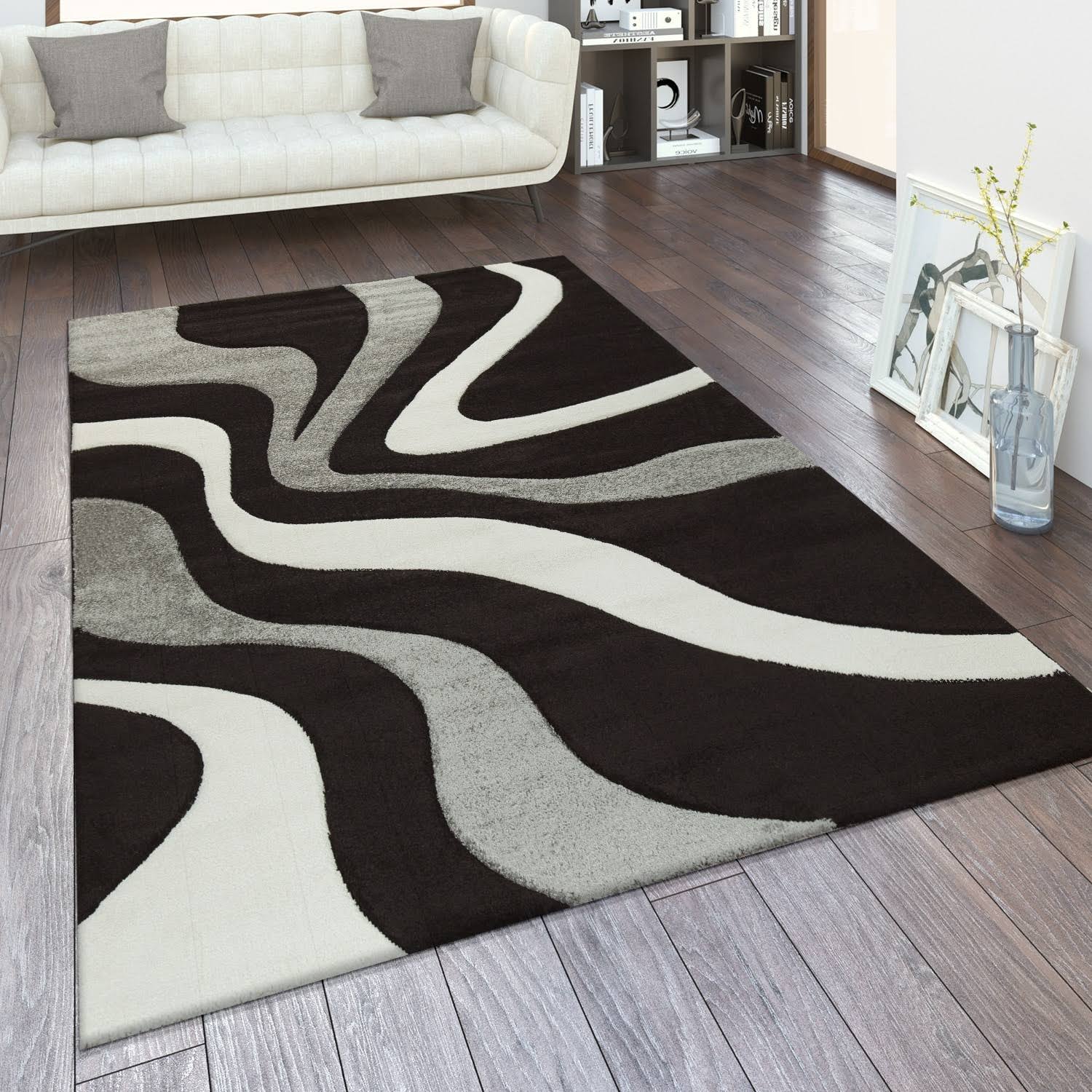 79e77c96bdd6bde6da3ffb60a38ac0a15c6f70968c7a04d070caf69329f63c4c.jpg Paco Home Designer Area Rug with Contour Cut and Modern Wave Pattern 2' x 3'7 inch - Grey-black, Size: 2' x 3'7 - Grey-Black - Image 1