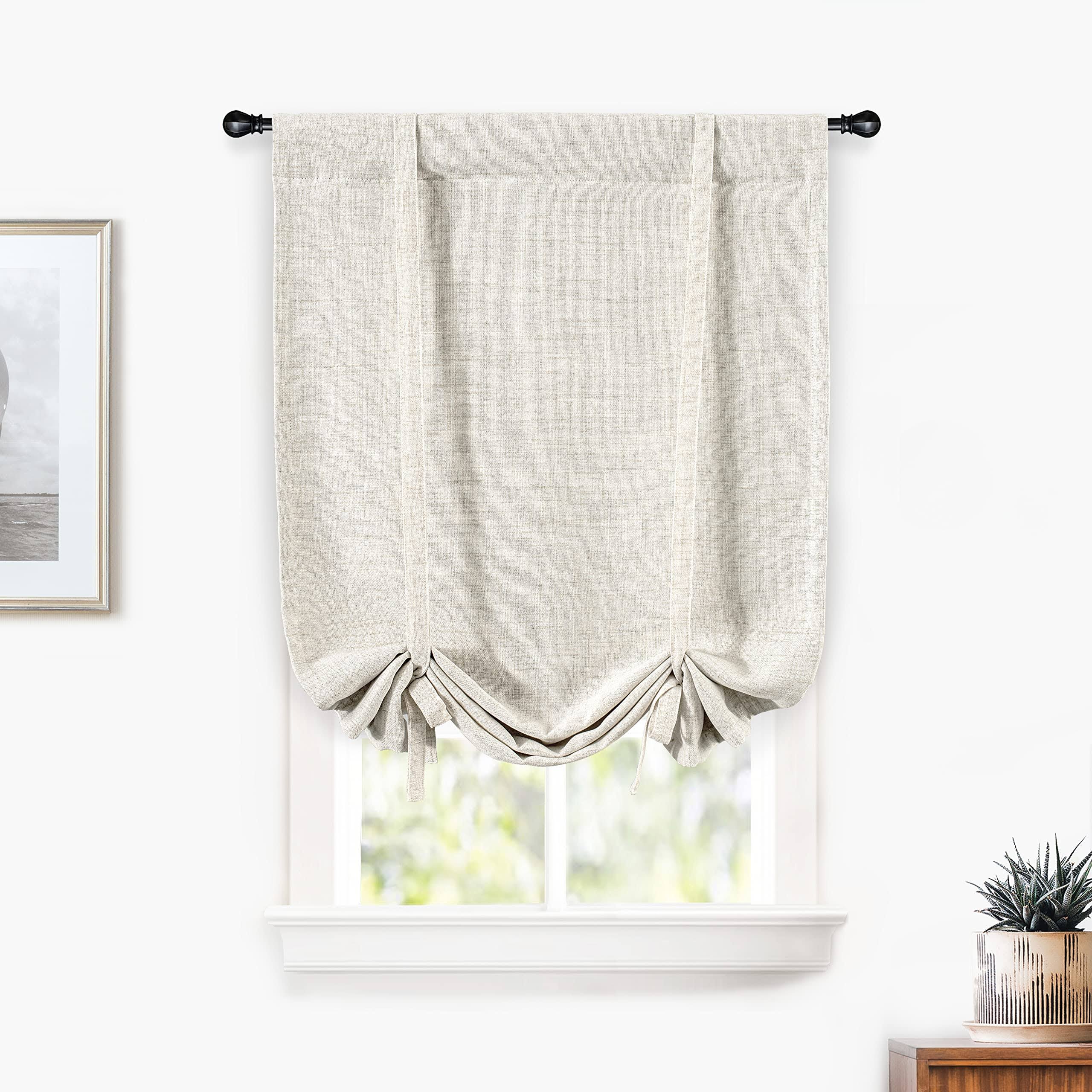 7a2638405dac7c4d71f1c32c032b577307b6c87297b066e06b4fc37a39b59cb8.jpg DriftAway Blackout Linen Textured Solid Basic Room Darkening Thermal Insulated Tie Up Adjustable Balloon Rod Pocket Curtain for Small Window 25 inch - Image 1
