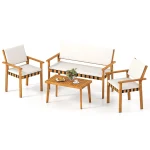 Tangkula Outdoor Acacia Wood Cuhioned Conversation Set with Coffee Table