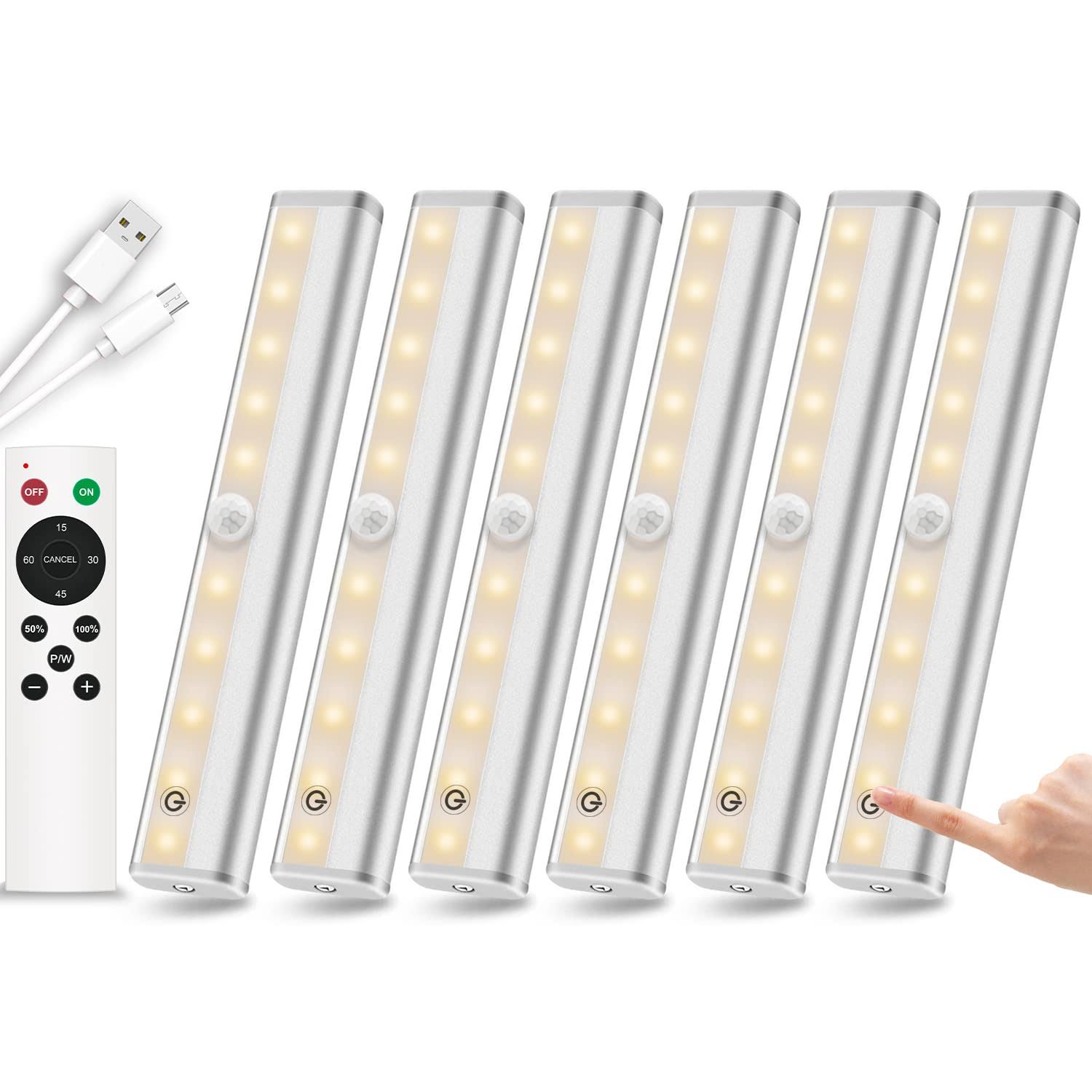 7a5ba9e7792c0c1e2f49ceb7b3914f5f14be4fe623d0788f8e834dabcc7626b0.jpg Remote Control Under Cabinet Lighting Wireless 6 Pack 20-LED Dimmable Closet Lights Rechargeable Under Counter Light Stick on Touch Night Light - Image 1