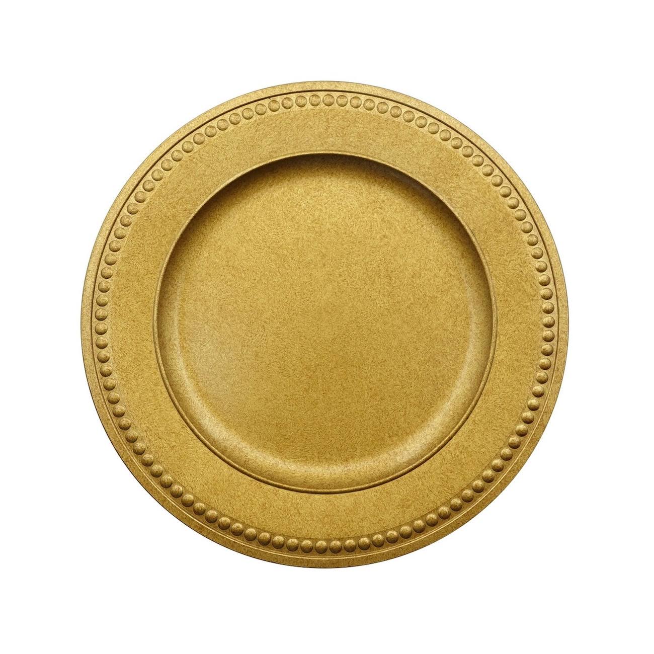 7a9c02a8418e91b6815423b5b4298d23bceea7a0b030b8b9439feafb1430bf79.jpg Antique Gold Plastic Charger Plates with Beaded Rims, 13 in. - Image 1
