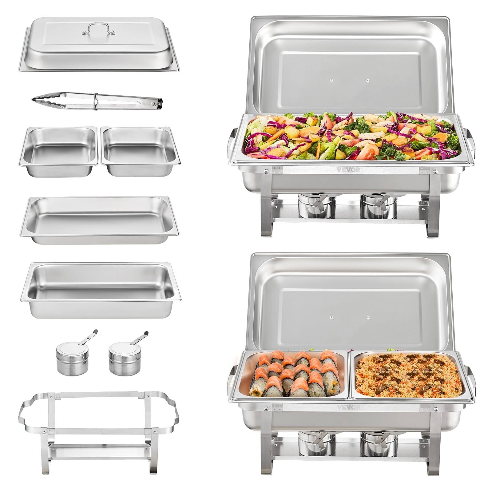 7aa349d38bd220750c05ab178f31d4639aa52d4861ec884b89a975bc93fa6bb8.jpg VEVOR 8 Qt. Chafing Dish Buffet Set Stainless Chafer with 2 Full & 4 Half Size Pans Rectangle Catering Warmer Server (2- Pack) - Image 1