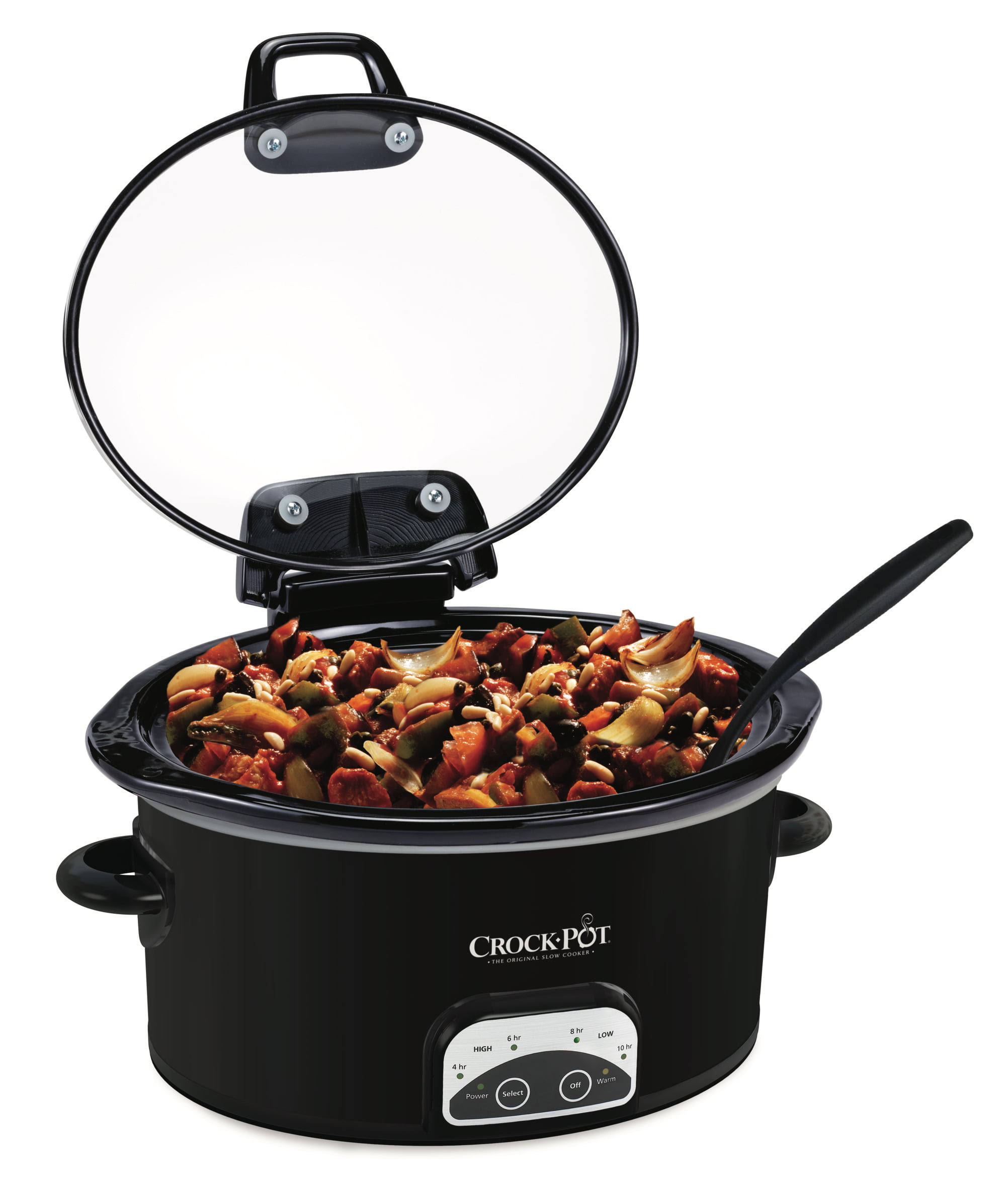 7af5c5a7f03689455085e9884a87267b01556eb10433a65e9bedd826bd361827.jpg Crock-pot Black Hinged Lid Programmable Slow Cooker - 4.5 qt - Image 1