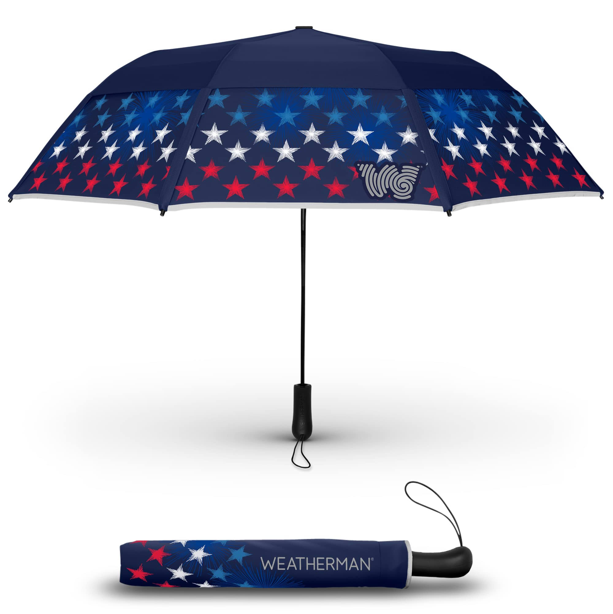 7b1eed67da3f5a8f0b08f1c4fcff726659f7908ddf4ab491ee487cbae8a71e25.jpg Weatherman Umbrella - Folds of Honor - Collapsible Umbrella - Windproof Umbrella Resists Up to 55 MPH Winds - Celebration - Image 1