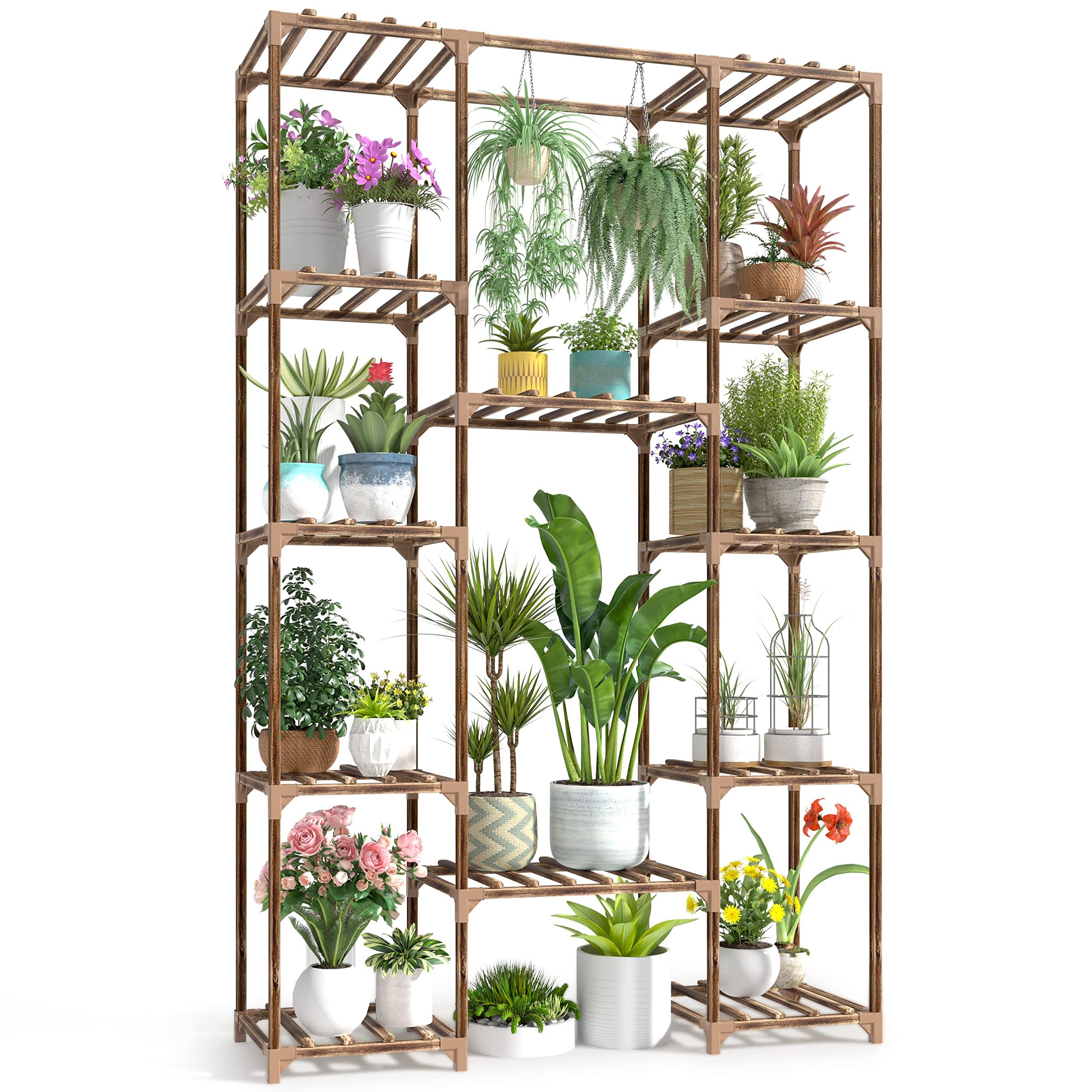 7ca26669ab96d4407858b08e26964e2a04be756f3225a5cd3fa523e6bbe540cd.jpg CFMOUR Wood Plant Stand Indoor Outdoor, 62.2" Tall Flower Shelf Tiered Plant Stands for Multiple Plants Large Planter Holder Hanging Shelves Rack - Image 1