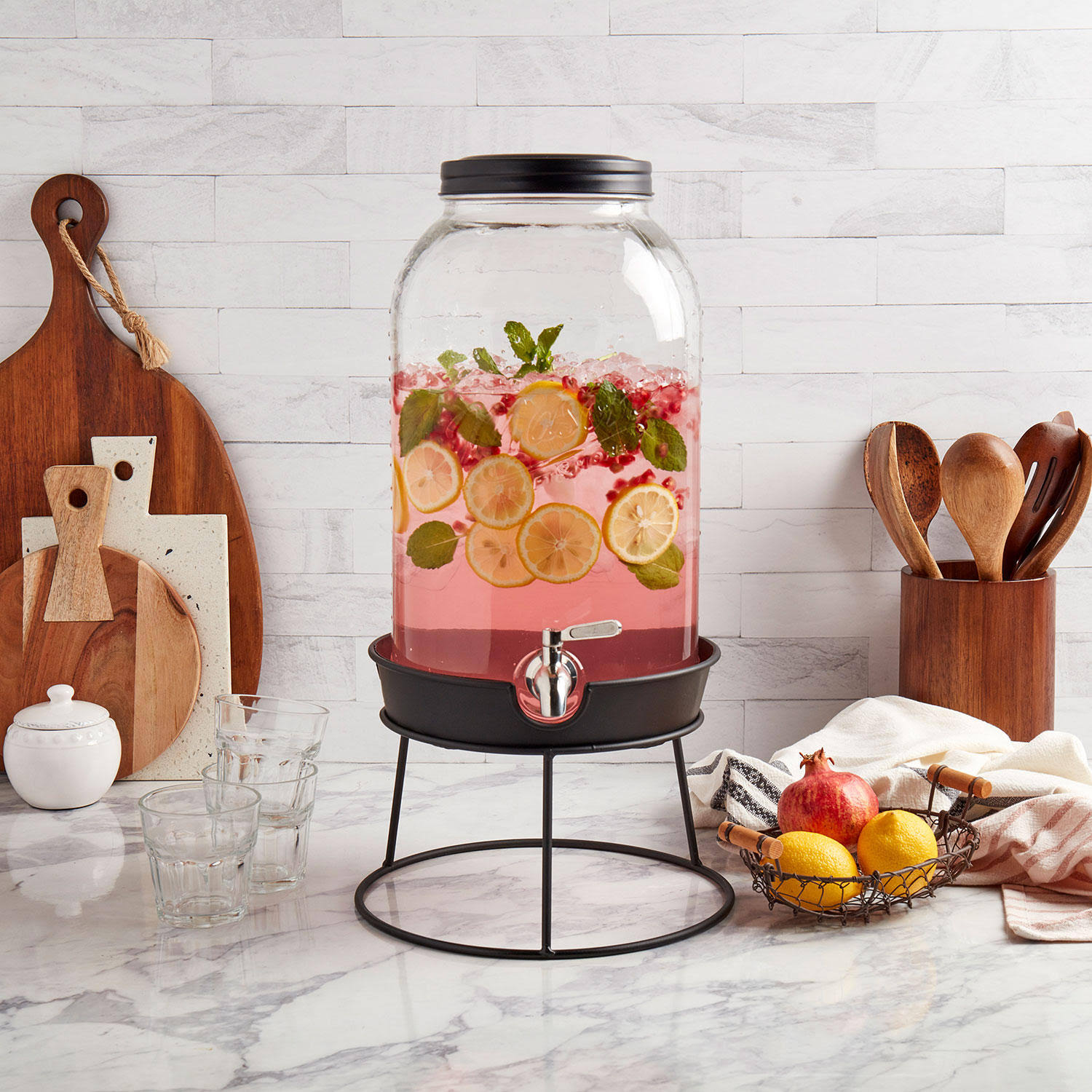 7cabceb97628bbda94d451711192d7a3a17f251894fa46cd240ab2ae778bbe76.jpg Mason Craft & More 2.9 Gallon Glass Drink Dispenser with Metal Rack - Image 1