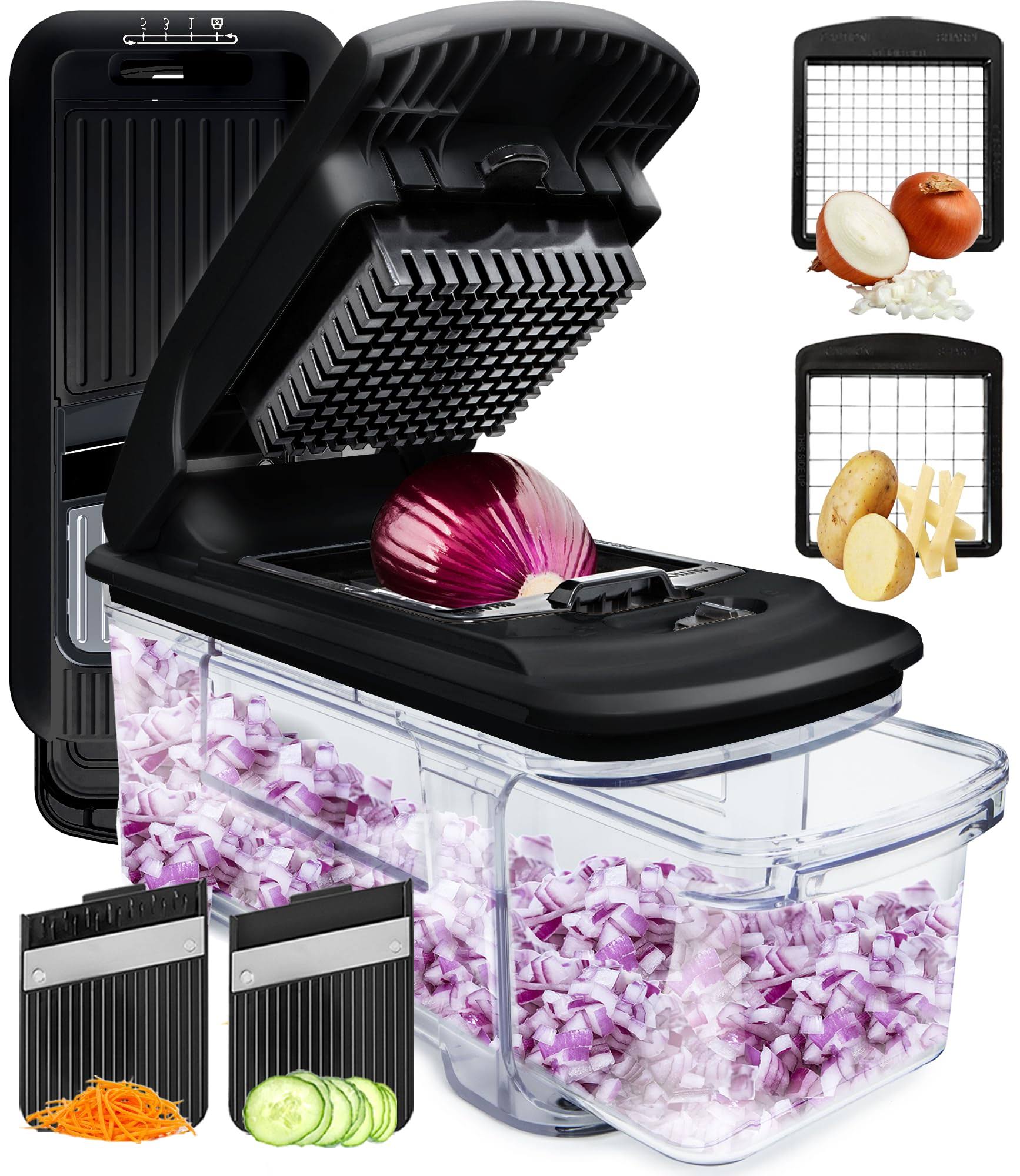 7ce3bca2033e431b1efcb37674d9cbe0d905ad6118315de592756b9539616441.jpg Fullstar All-in-1 Vegetable Chopper, Mandoline Slicer & Cheese Grater - Multi Blade French Fry Cutter & Veggie Dicer - Includes Bonus Handheld - Image 1