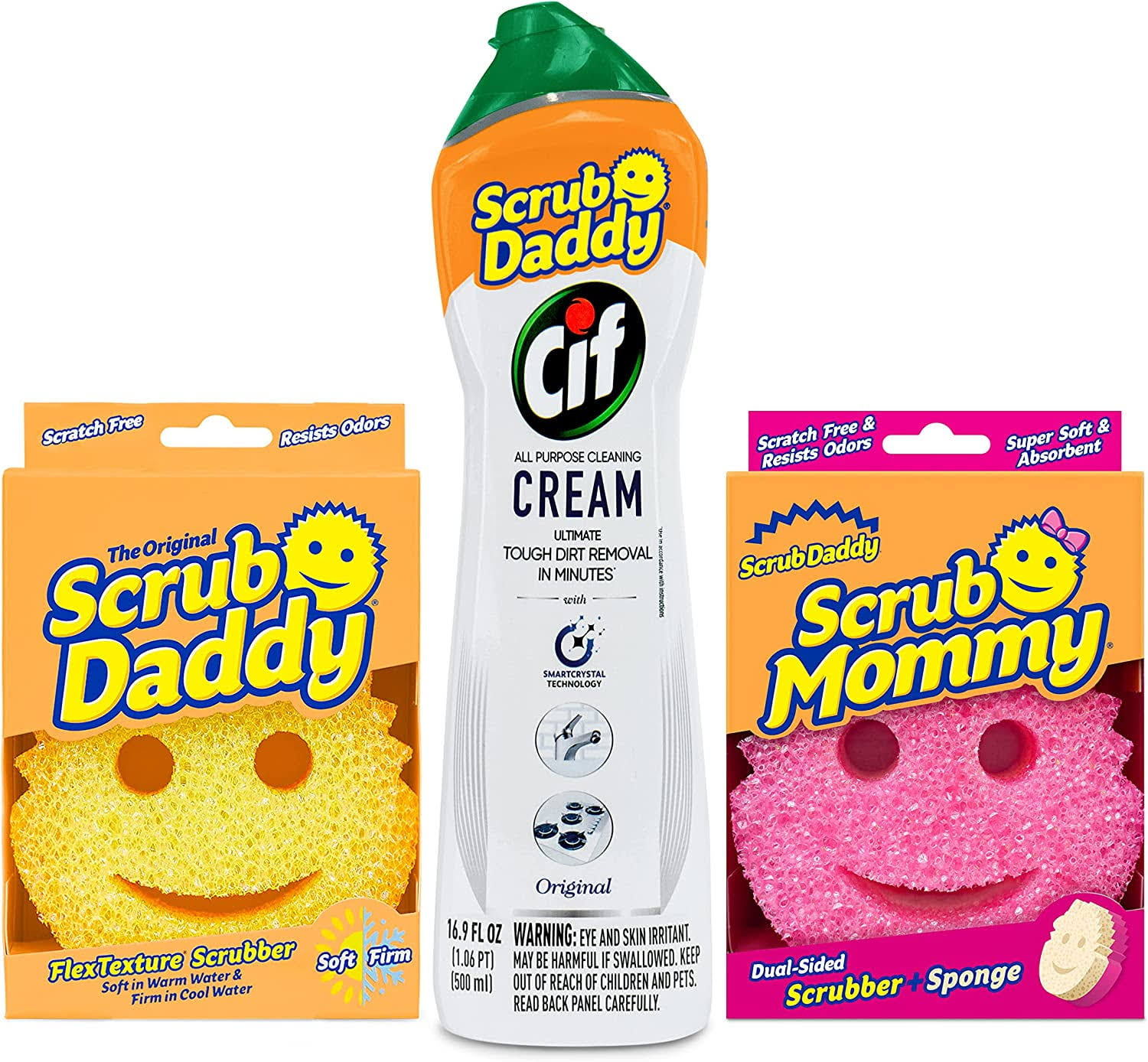 7ce75299099080235e64f887ed03958d1e6428db51bc8d1e1ffe36efcdcf5332.jpg Scrub Daddy Original Plus Mommy Sponge w/Cif 16.9 oz. All Purpose Cleaning Cream Original - Multi-Surface 3 Count Bundle - Image 1