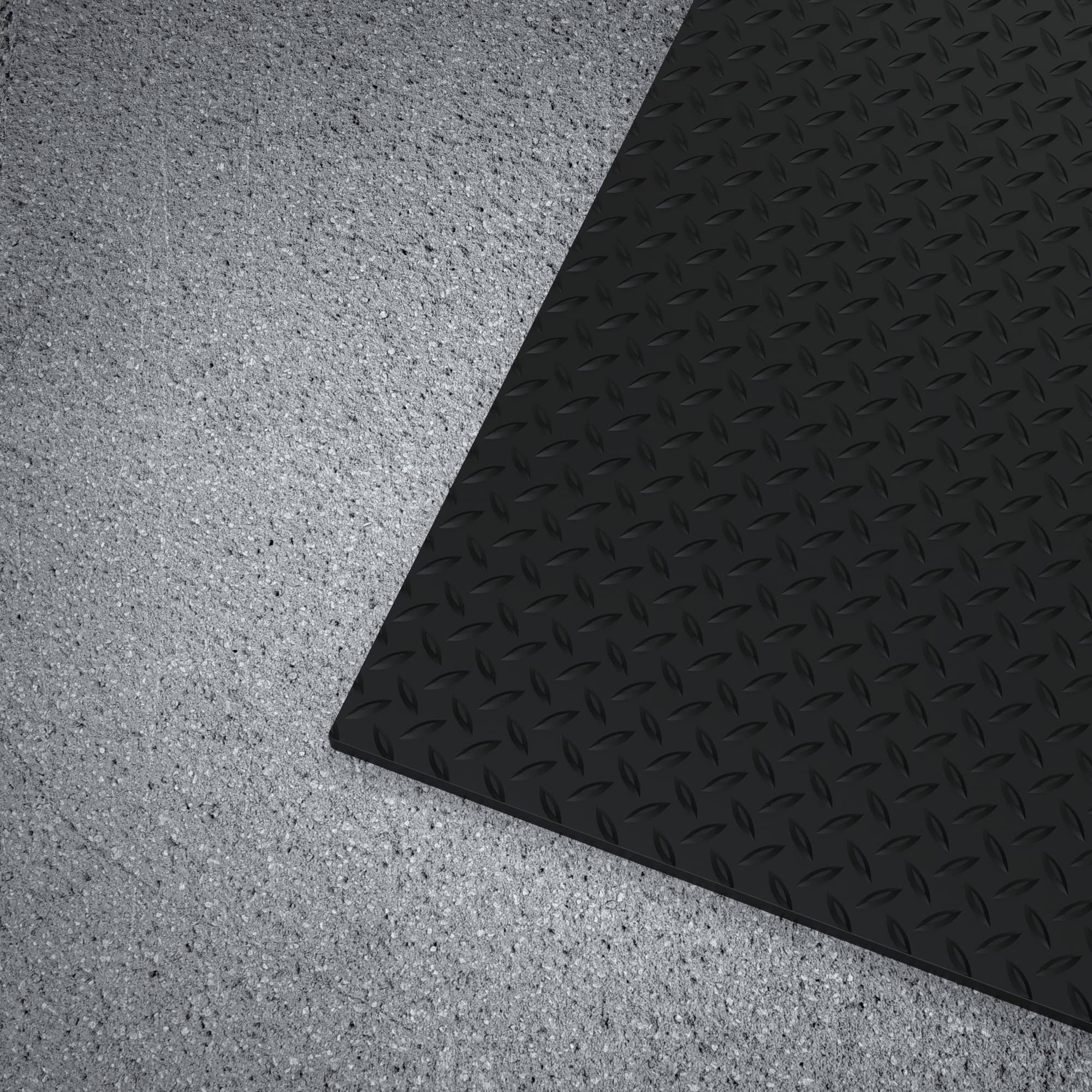 7d92653fdfd118098915bdd5ea65ea13d5faf82ff6650c3783b6f15043d61791.jpg Black 36 in. x 10 ft. Vinyl Diamond Plate Commercial Grade Matting - Image 1