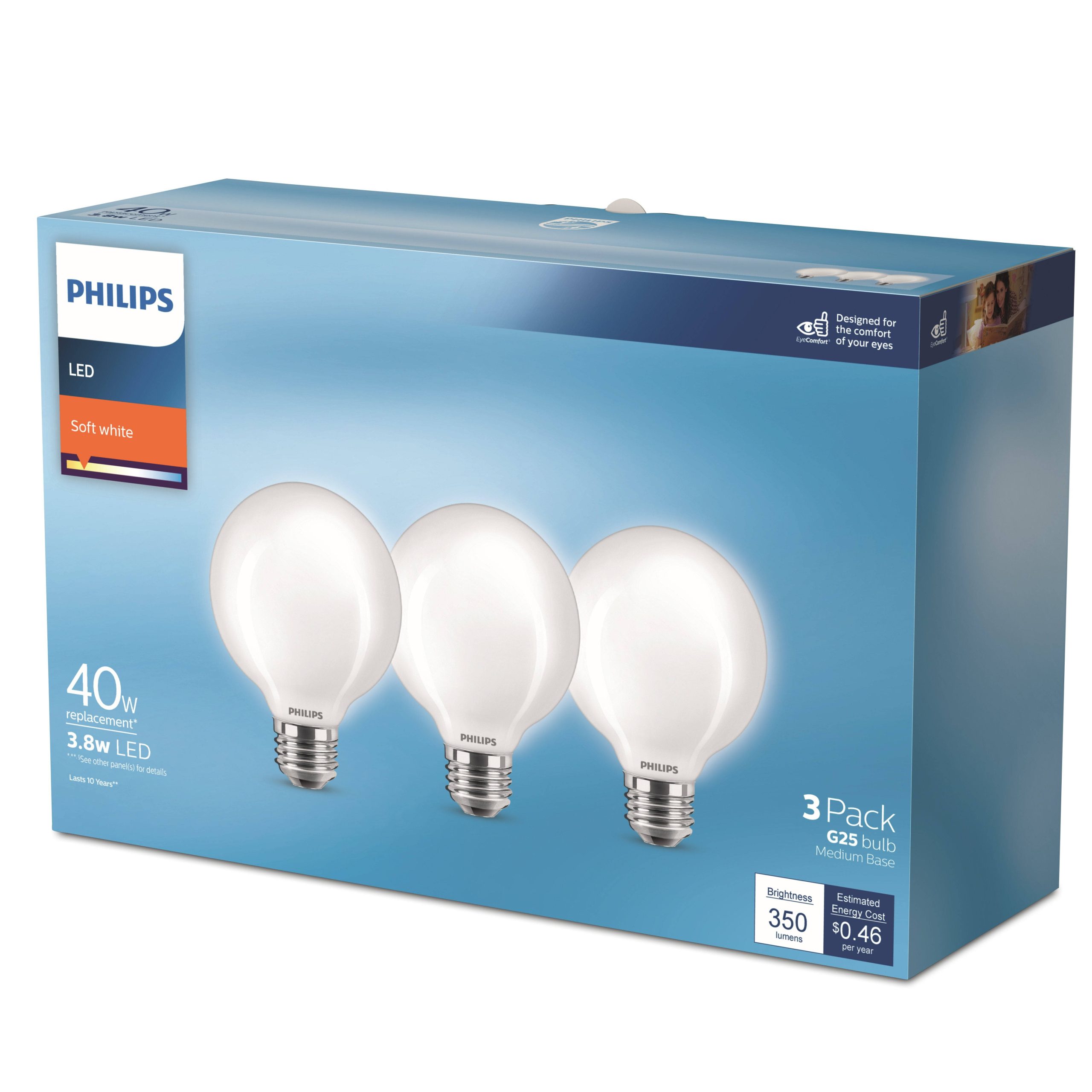 7dac120171d890a4757a47cbcc0151034fabd9f2358939f908c6e58703a0d59e.jpg Philips 40W Equivalent Soft White G25 Medium Frosted LED Decorative Light Bulb (3-Pack) - Image 1