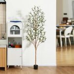 7 ft Artificial Olive Plants with Realistic Leaves and Natural Trunk, Silk Fake Potted Tree with Wood Branches and Fruits, Faux Olive Tree for Office