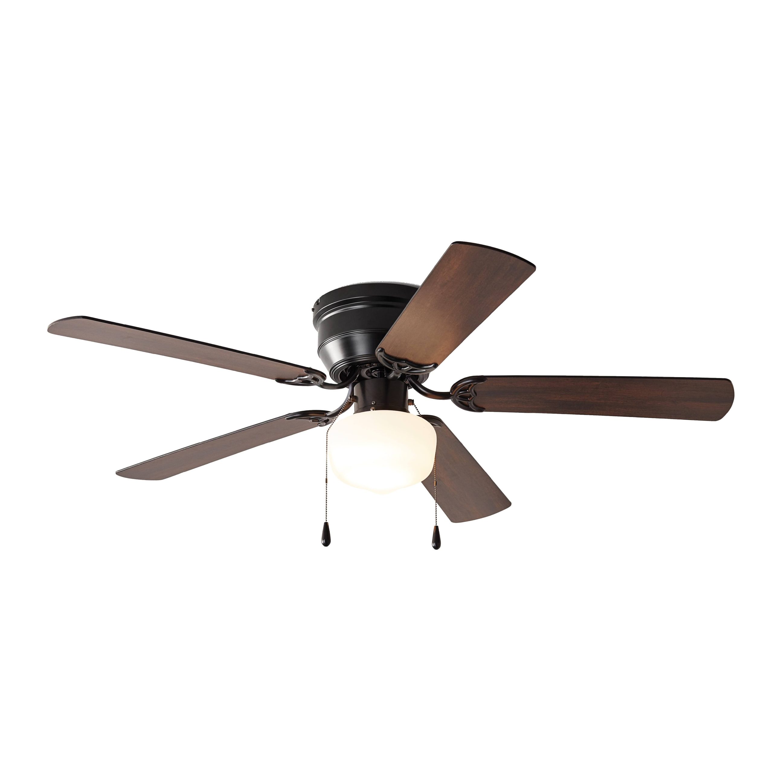 7dcc5b3cc611c2920e5d6da54aa0e097e428e874c9f86aa5002187fd2107637a.jpg Mainstays Hugger Indoor Reverse Airflow Ceiling Fan with Light Kit Black Blades - 52 in - Image 1
