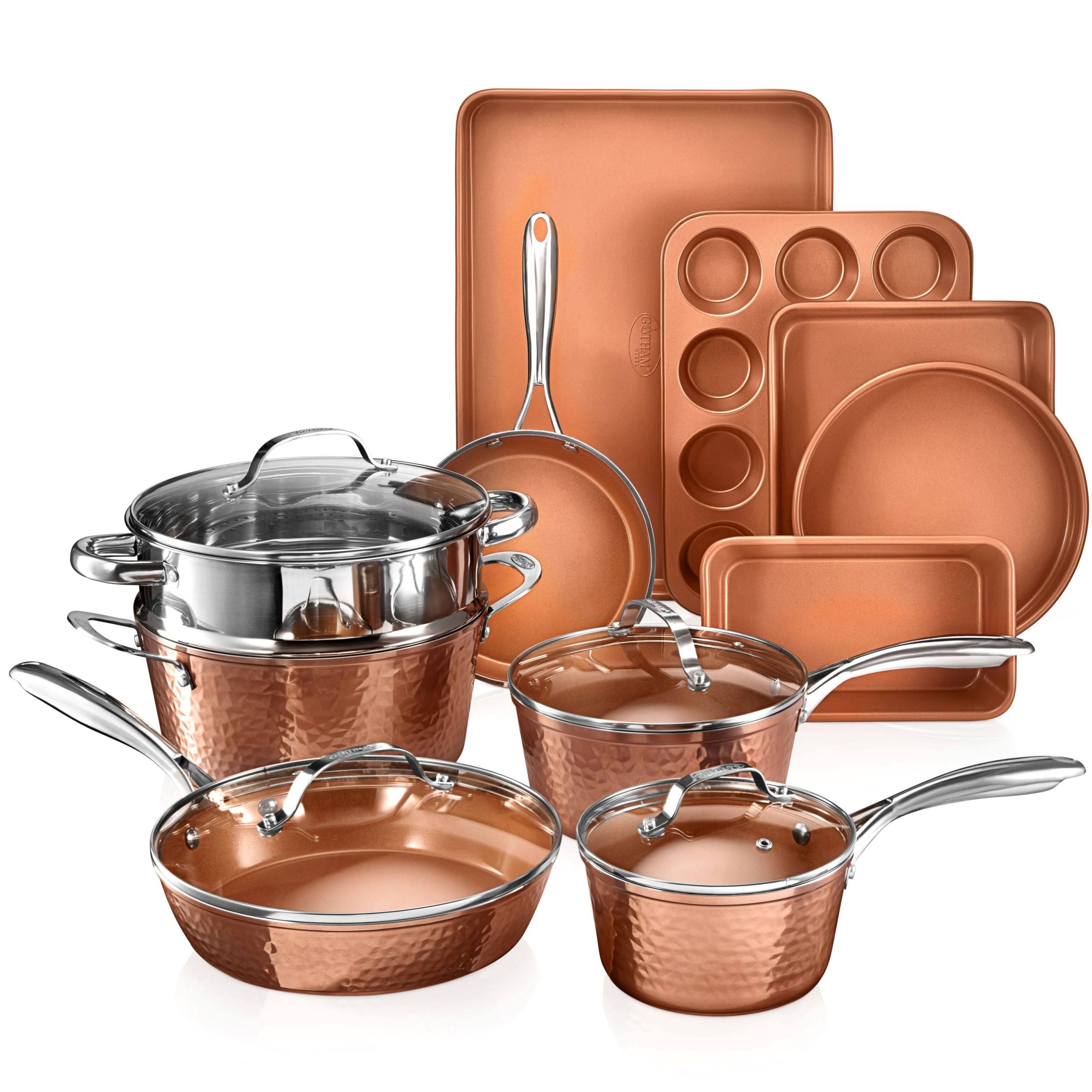 7df1df5a2f134e5296f12fe5b4d8012b79787da4fcbd474023bf13812f6ae951.jpg Gotham Steel Hammered 15 Piece Nonstick Cookware and Bakeware Set - Copper - Image 1
