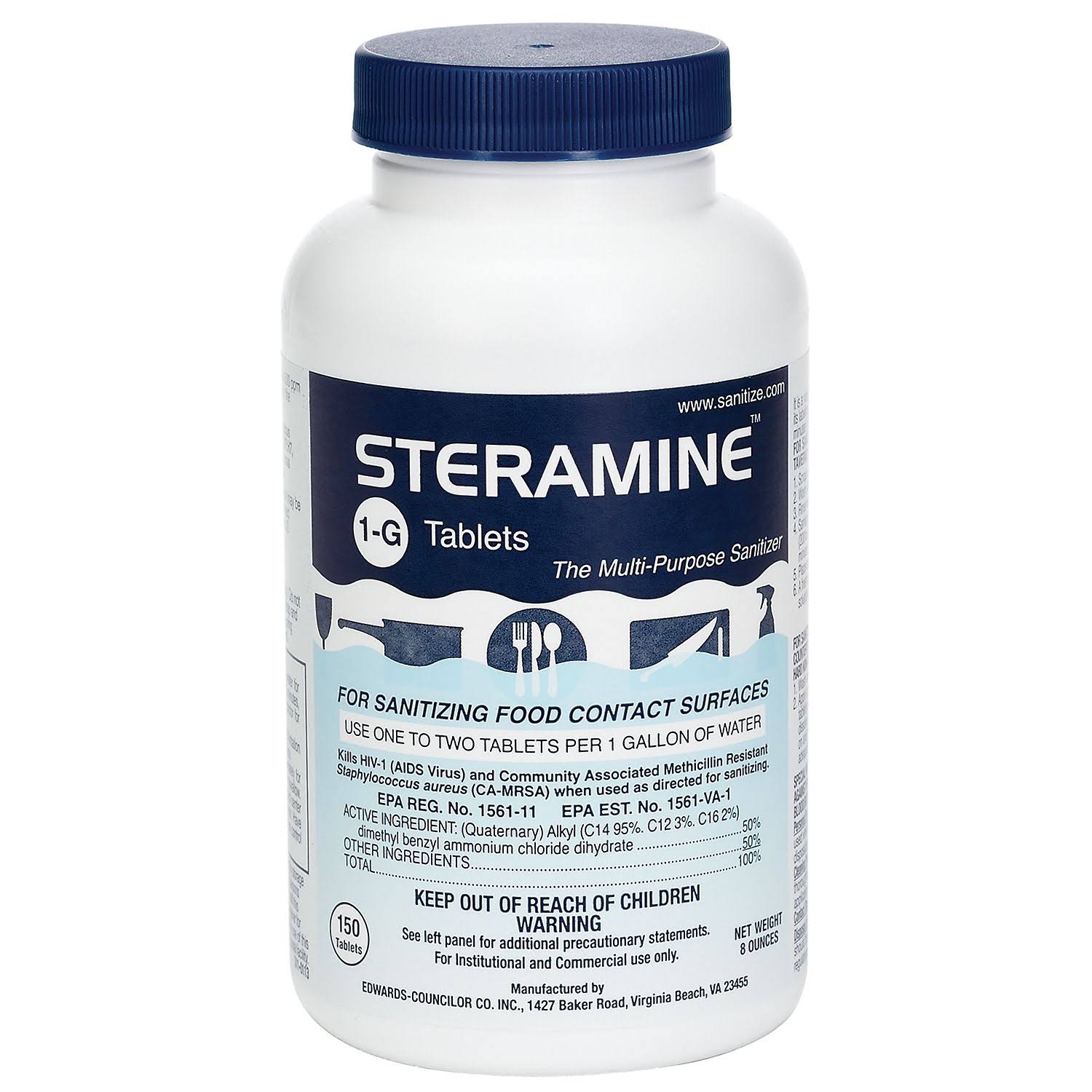 7e0047e29a1a6e3ff6dbcd8f16cbd8fec1dbbe258e411af9fa2df9ddedb244f0.jpg Steramine Sanitizing Tablets - Sanitize Surfaces, 150 Tablets, 1 Bottle - Image 1