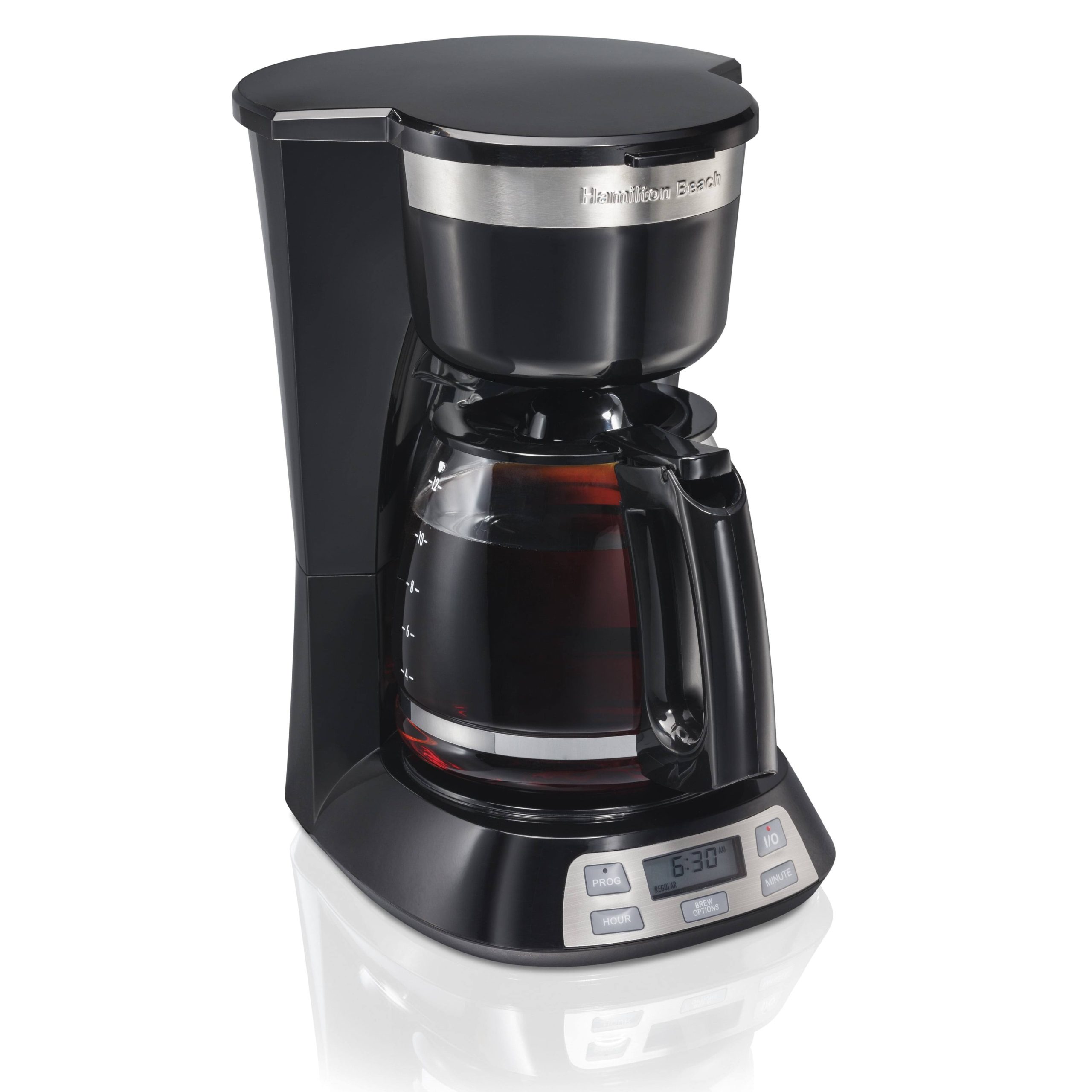 7e5b8193c0f9c6d43cf0a779c13b81cedfdff13df4cfc2a2265c6f5ecdf7cf0b.jpg Hamilton Beach Programmable Coffee Maker, 12 Cups, Stainless Steel Accents, 49632, Black - Image 1