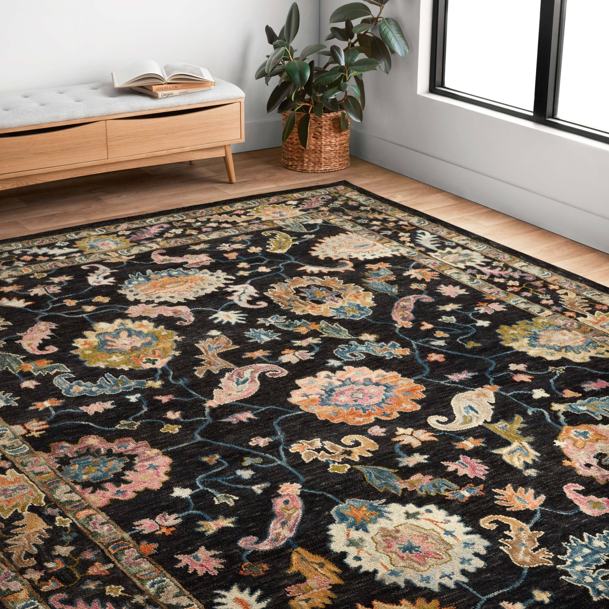 7e88f23a0f4e8cf9d3f74820462d727b2055e4092a0edf257a492d4fde93db39.jpg Alexander Home Megan Floral Hand-Hooked 100% Wool Area Rug - 5' x 7'-6" - Black / Multi - Image 1