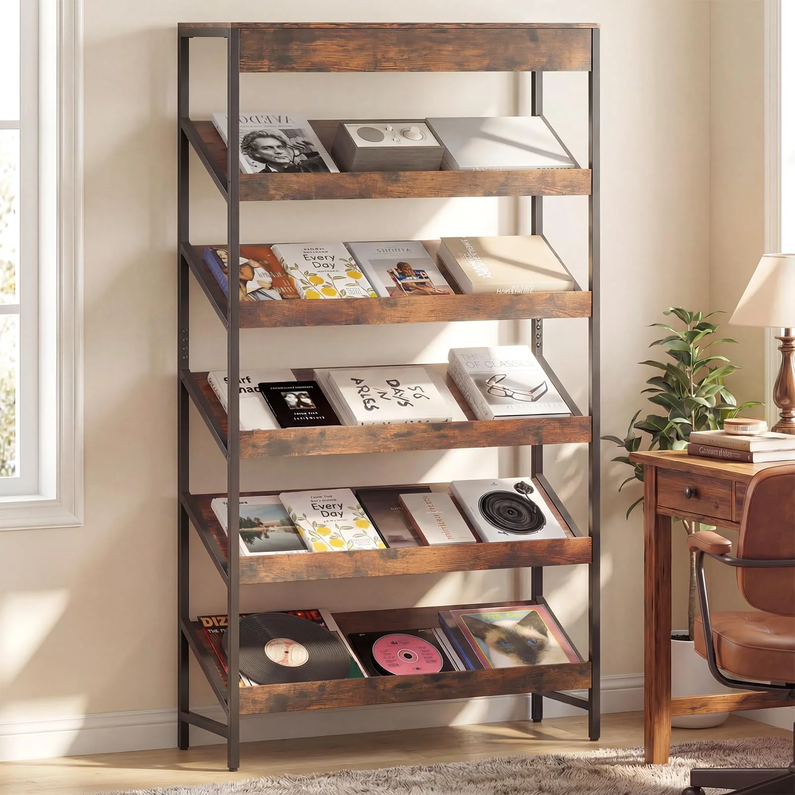 7eea909b0bd5250ba300f2d242d545cebde2dd1cb4e8f48be9a32aec92cd1fb0.webp Tangkula 6-Tier Tall Freestanding Bookshelf with Angled Shelves for Home Office - Image 1
