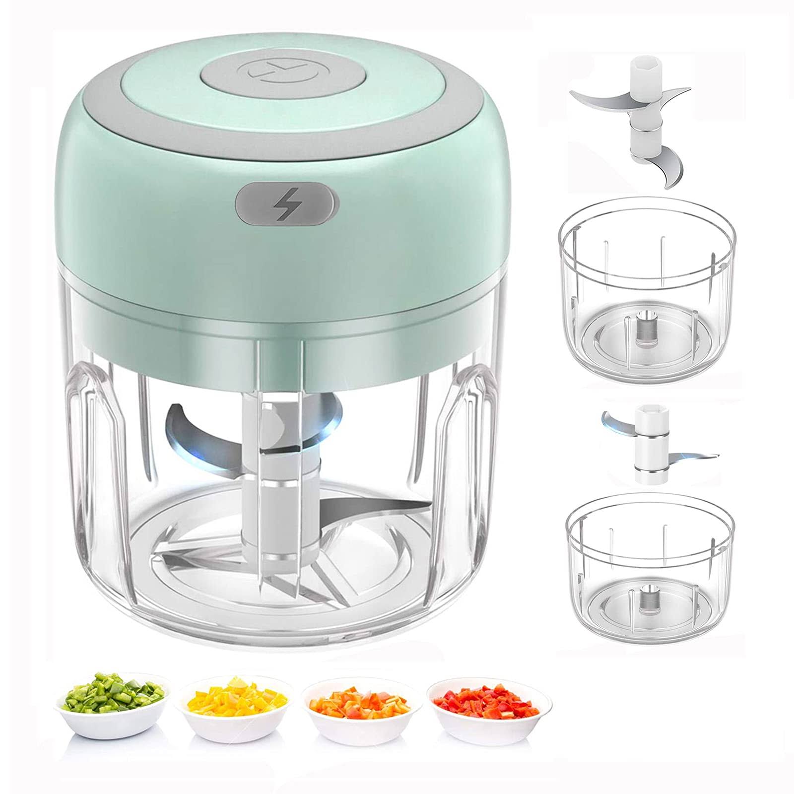 7f736ac925c90e8f220363855506015c8db10f39b3f4c8f746145bc36d6e417c.jpg Electric Mini Food Chopper, Rechargable Small Food Processor for Garlic, Puree, Onion, Herb, Veggie, Ginger, Fruit Blender (250ml+100ml 2 Cups, Green) - Image 1