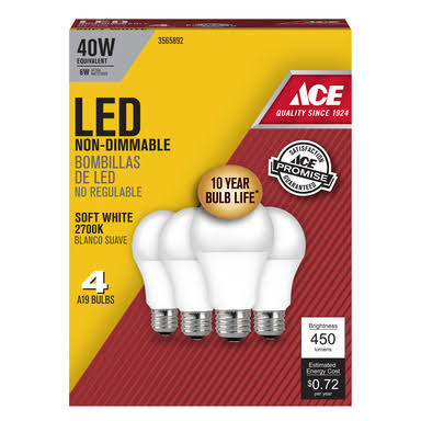 7f8a82f401e65db659a26880756628acf6cf6328fc00824ae44192e9f566577e.jpg Ace A19 E26 (Medium) LED Bulb Soft White 40 Watt Equivalence 4 Pk - Image 1