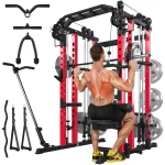 AECOJOY Smith Machine Power Squat Rack Cage, 2000lbs Crossover Machine with LAT Pulldown Strength Training Power Cages
