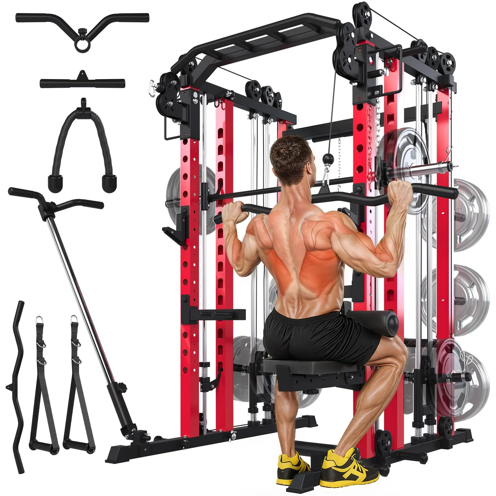 7fa5df29a7057ec72bd40f69b3f8ae34e63da6bcdbd0f7b2b26d2a3e6cb99025.webp AECOJOY Smith Machine Power Squat Rack Cage, 2000lbs Crossover Machine with LAT Pulldown Strength Training Power Cages - Image 1