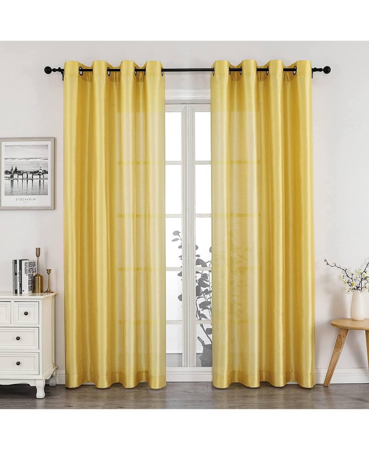 8002d18f4f64d6438f513a683de2f551109f75e127b37b17586e32d019acf177.jpg Kate Aurora Artisan Lightweight Transparent Faux Silk Sheer Grommet Single Curtain Panel - Yellow - Image 1