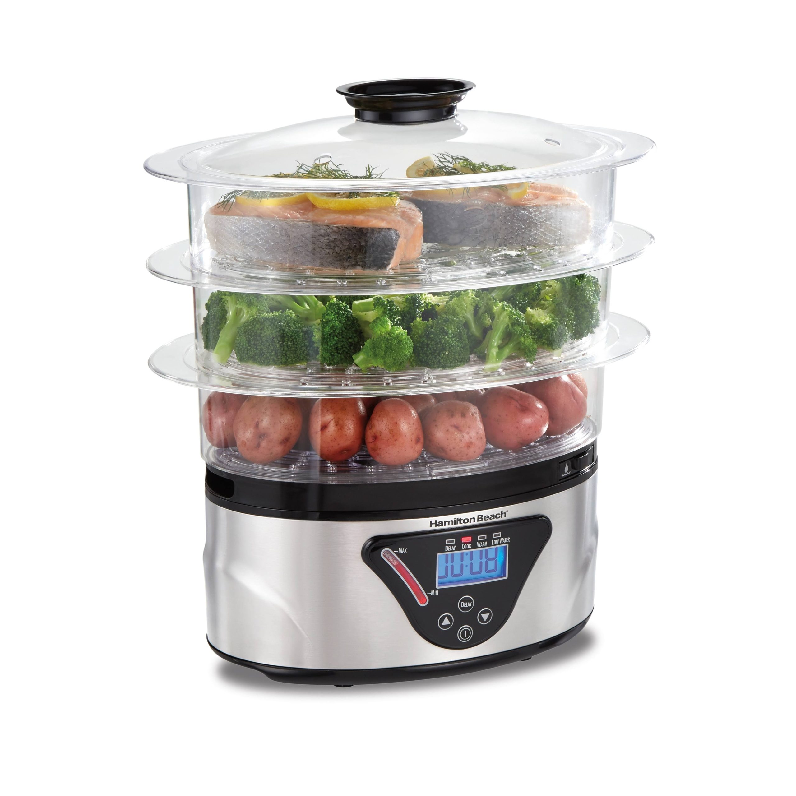 8042f06b13dbdccc23e01cc9adb6661eea1deae26aa746d13a4484fbbef834be.jpg Hamilton Beach - 3-Tier Digital Food Steamer/Rice Cooker, Silver - Image 1