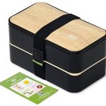 BentoHeaven Leakproof Bento Box with Fun Lunch Notes, Cutlery, Chopsticks - Bamboo Black