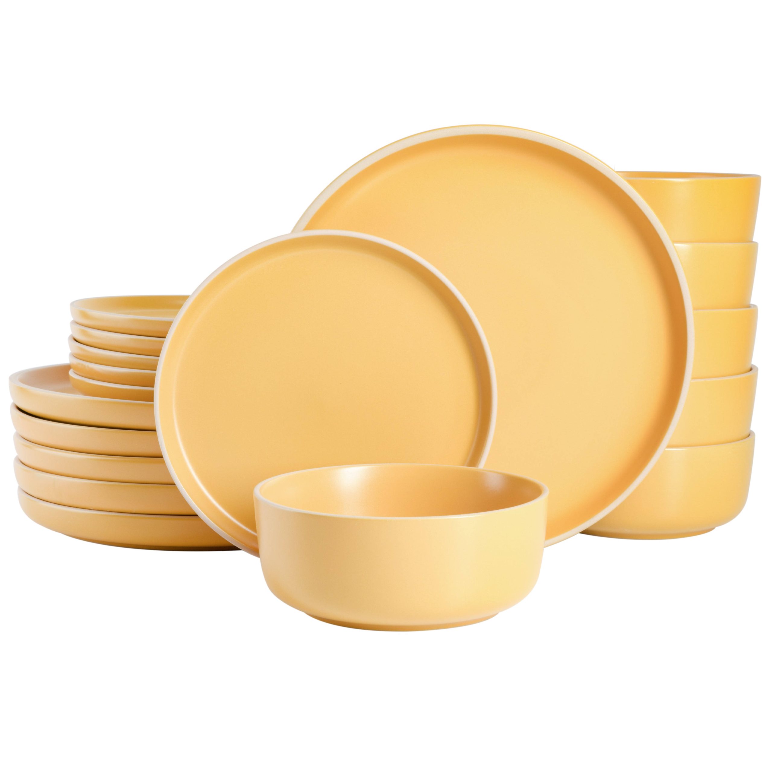80b0d537d460a568b0280dd6098db55e2eea13424f9bd48195238a1d26bc5057.jpg Gibson Home Zuma 18-Piece Stoneware Dinnerware Set Yellow - Image 1