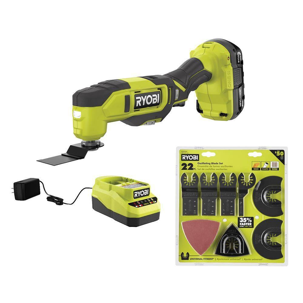80e0e278bea90964164d246c8e8f6531f952a051ba46d922e71835caf61ea550.jpg Ryobi PCL430K1-A242201 One+ 18V Cordless Multi-Tool Kit with 2.0 Ah Battery, Charger, and 22-Piece Oscillating Blade Set - Image 1