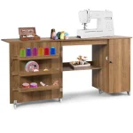 62.5" Folding Sewing Table Rolling Craft Station with Storage Cabinet & Shelves, Foldable Sewing Machine Desk w/ Lockable Wheels for Home