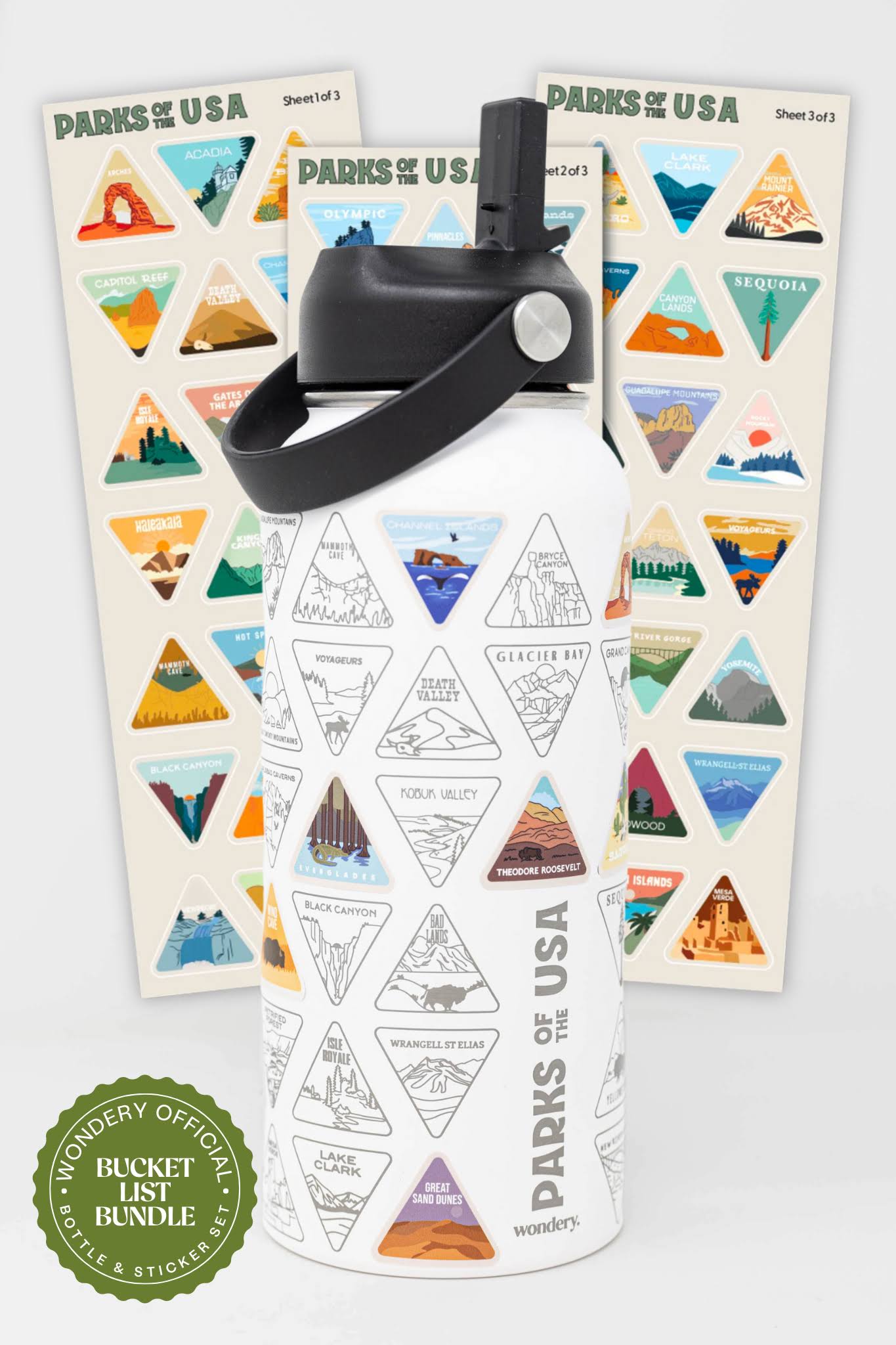8121f5d4afbc8d8a90197616df4d7cf85b0c59075fc24140b124ce1ccd25cabc.jpg Wondery Parks of The USA Bucket List Water Bottle White - Image 1