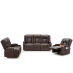 AECOJOY 3 PCS Leather Recliner Sofa Set with Swivel Massage Chair, Brown