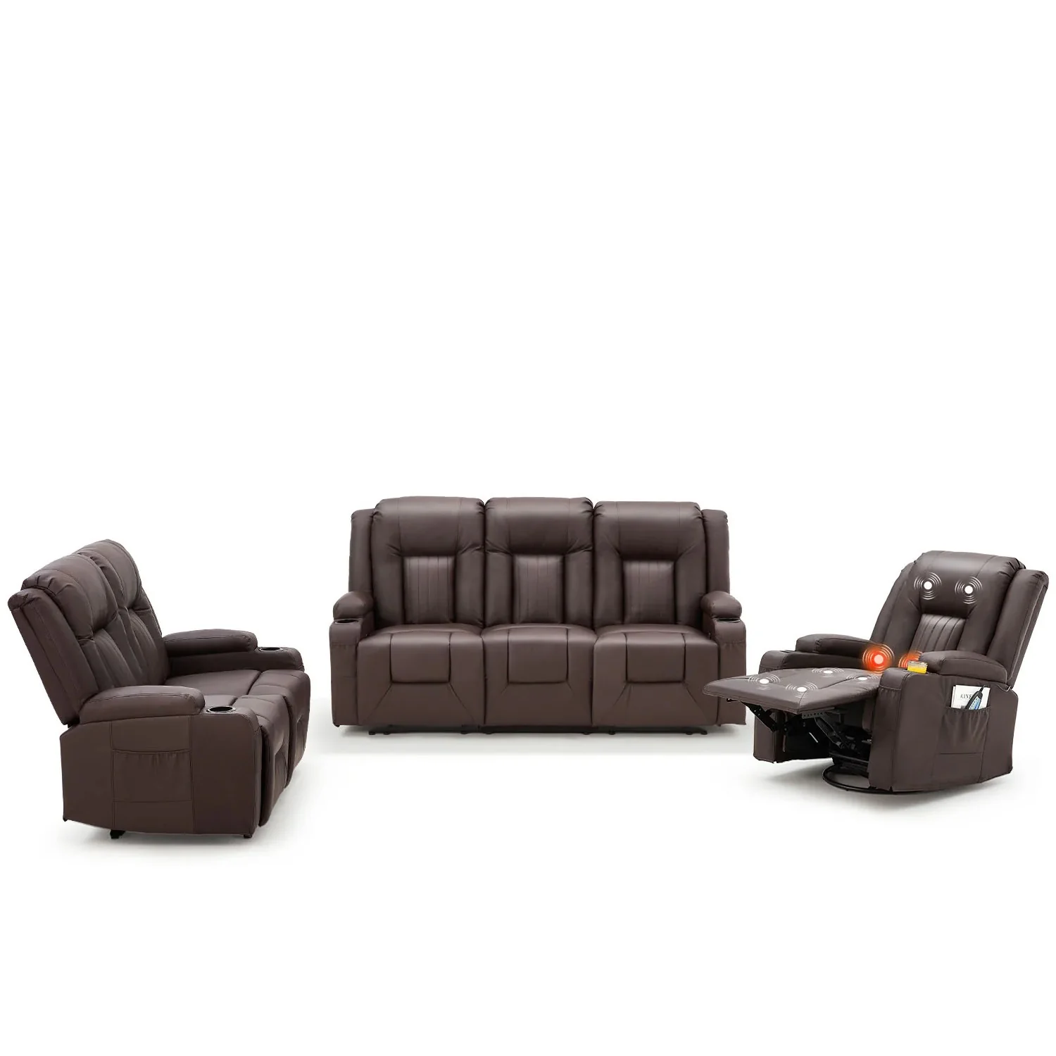 812d8b8c658b12e2a7e14c4992a3047c249f1e68d8f440b500cb670b018b0f8d.webp AECOJOY 3 PCS Leather Recliner Sofa Set with Swivel Massage Chair, Brown - Image 1