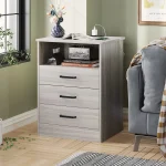 Nightstand with USB Port and 3 Drawers, Bedroom End Table, Grey
