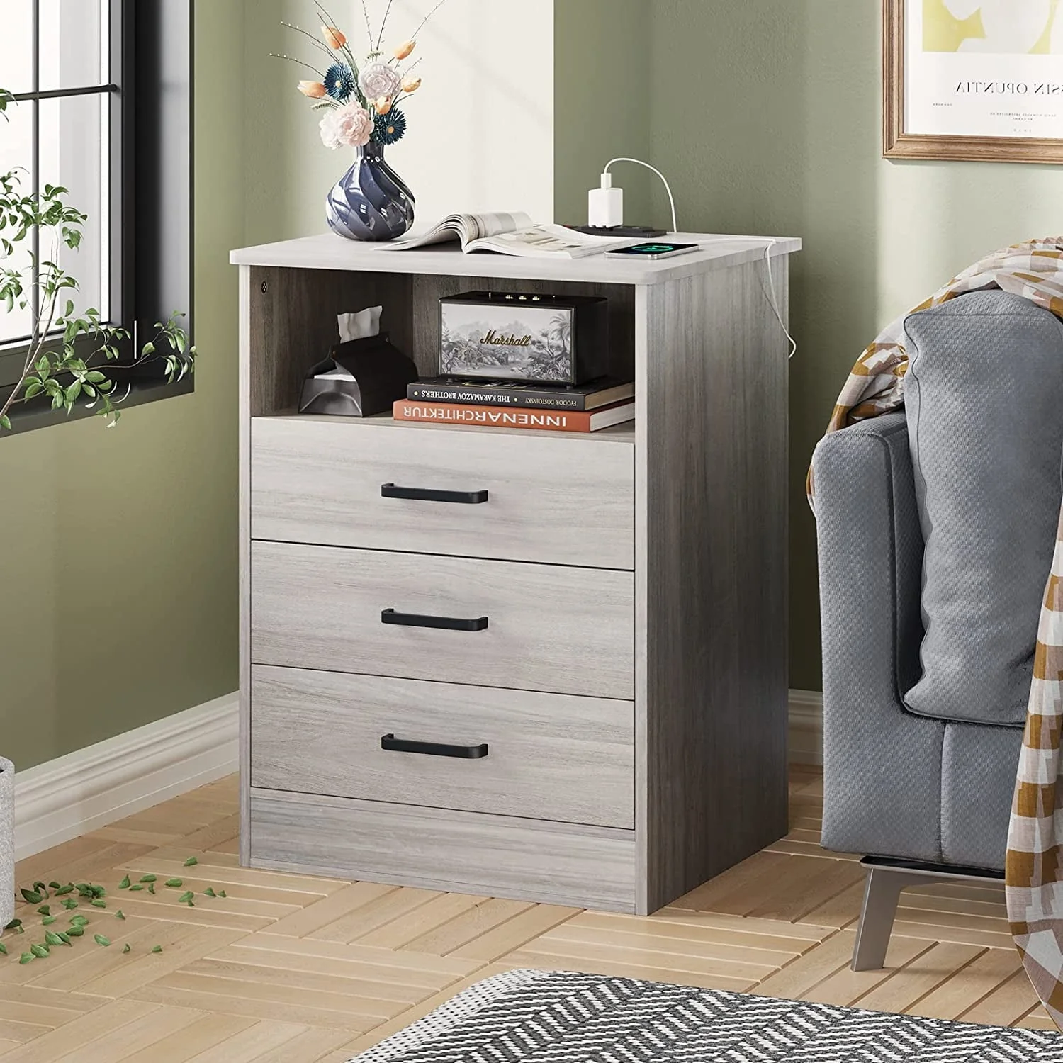 814f9414d0dd40714bd4bad377c7a9b48e46868bdc5210aee9f803dfc29f2fb6.webp Nightstand with USB Port and 3 Drawers, Bedroom End Table, Grey - Image 1