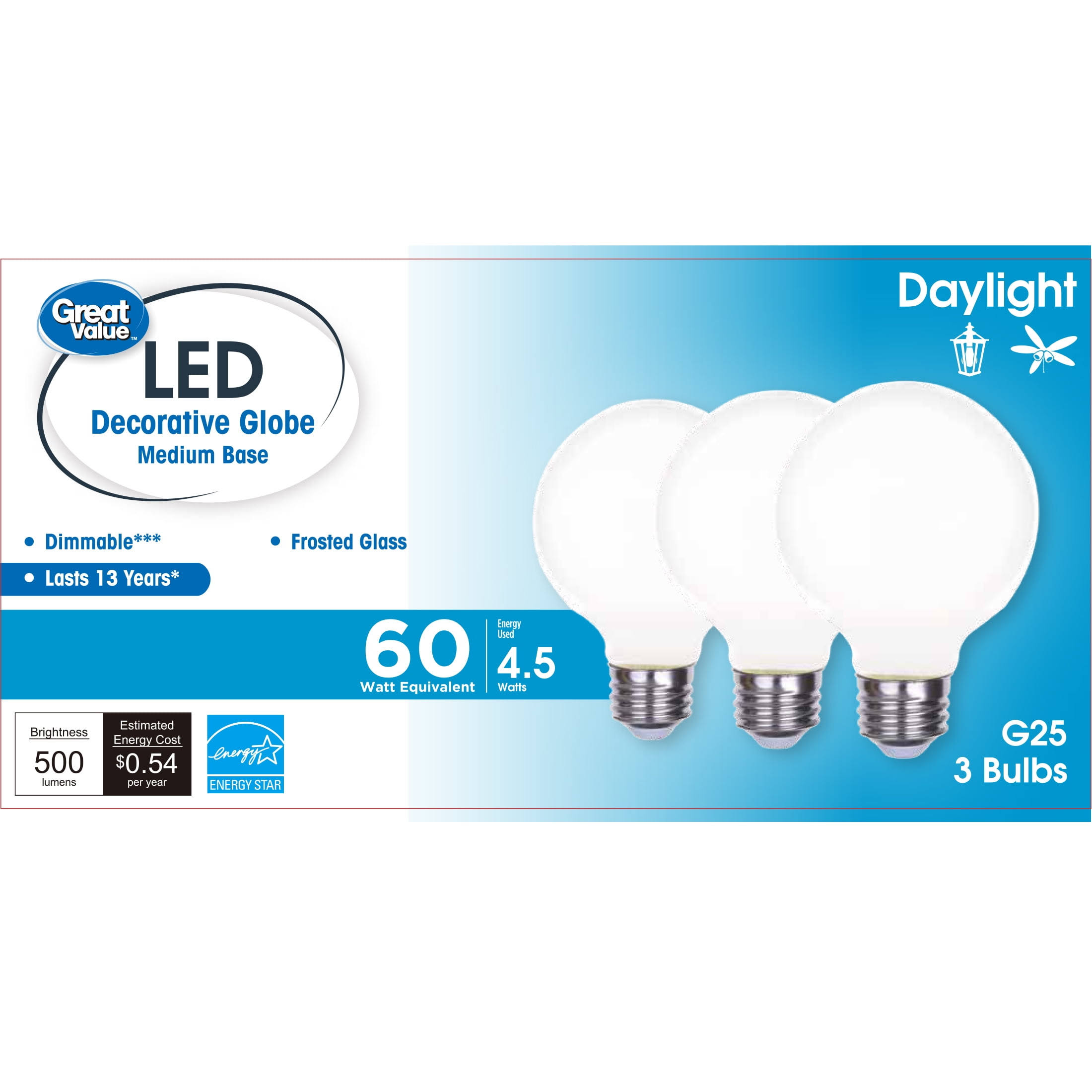 8163039118931404c2818b0e3f1b50671ce722e86fe3e816399bb34d76a5f302.jpg Great Value LED Bulb, 4.5-Watt (60W Equivalent) G25 Deco Bulbs E26 Base, Daylight, 3-Pack - Image 1