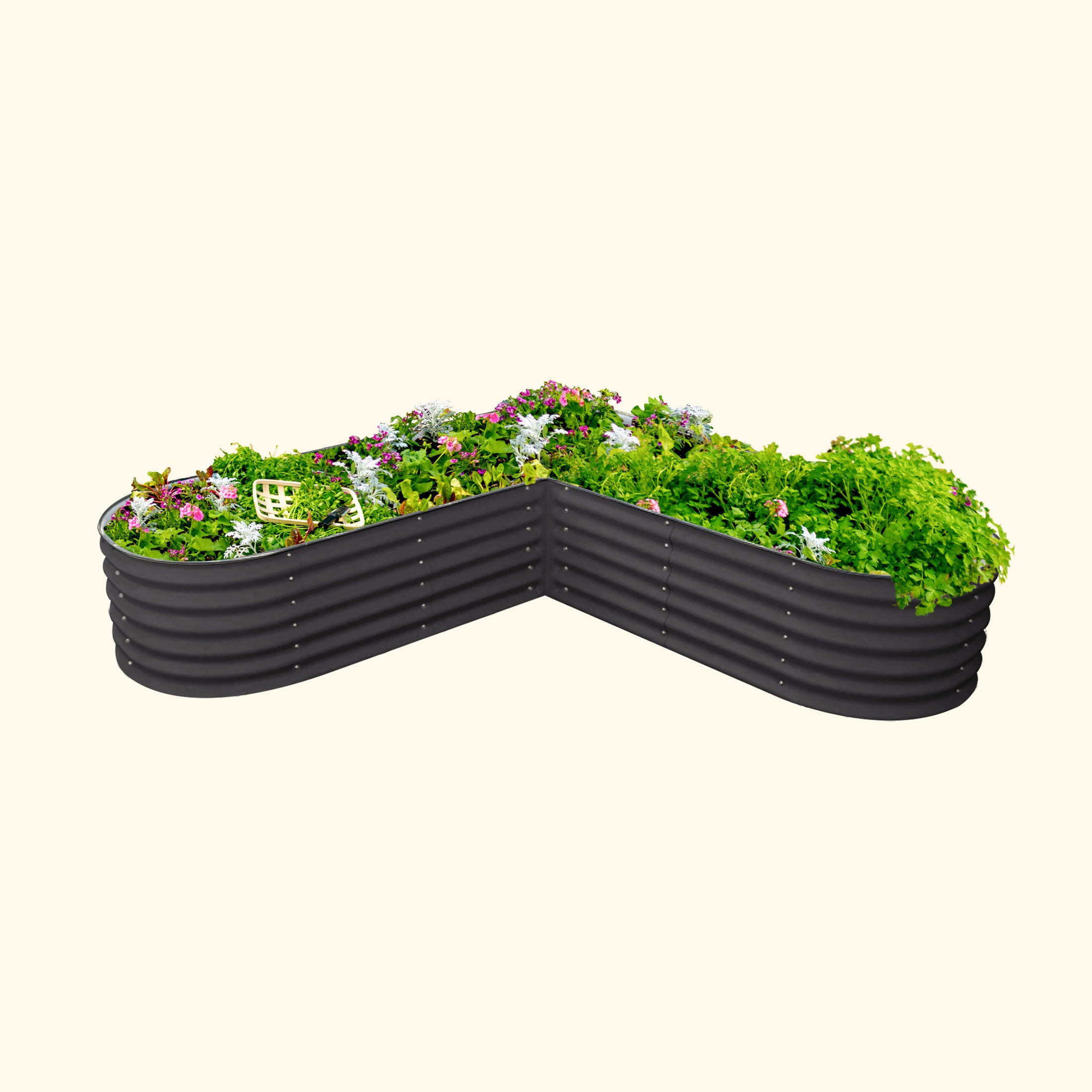81804ecfa4fae78b8184d270abe78b704c81af922b128bd592ead54395055f21.jpg Vego Garden 17 inch Tall L-Shape Raised Garden Bed Metal Planter Box for Vegetables Flowers Ground Large size, Gray - Image 1