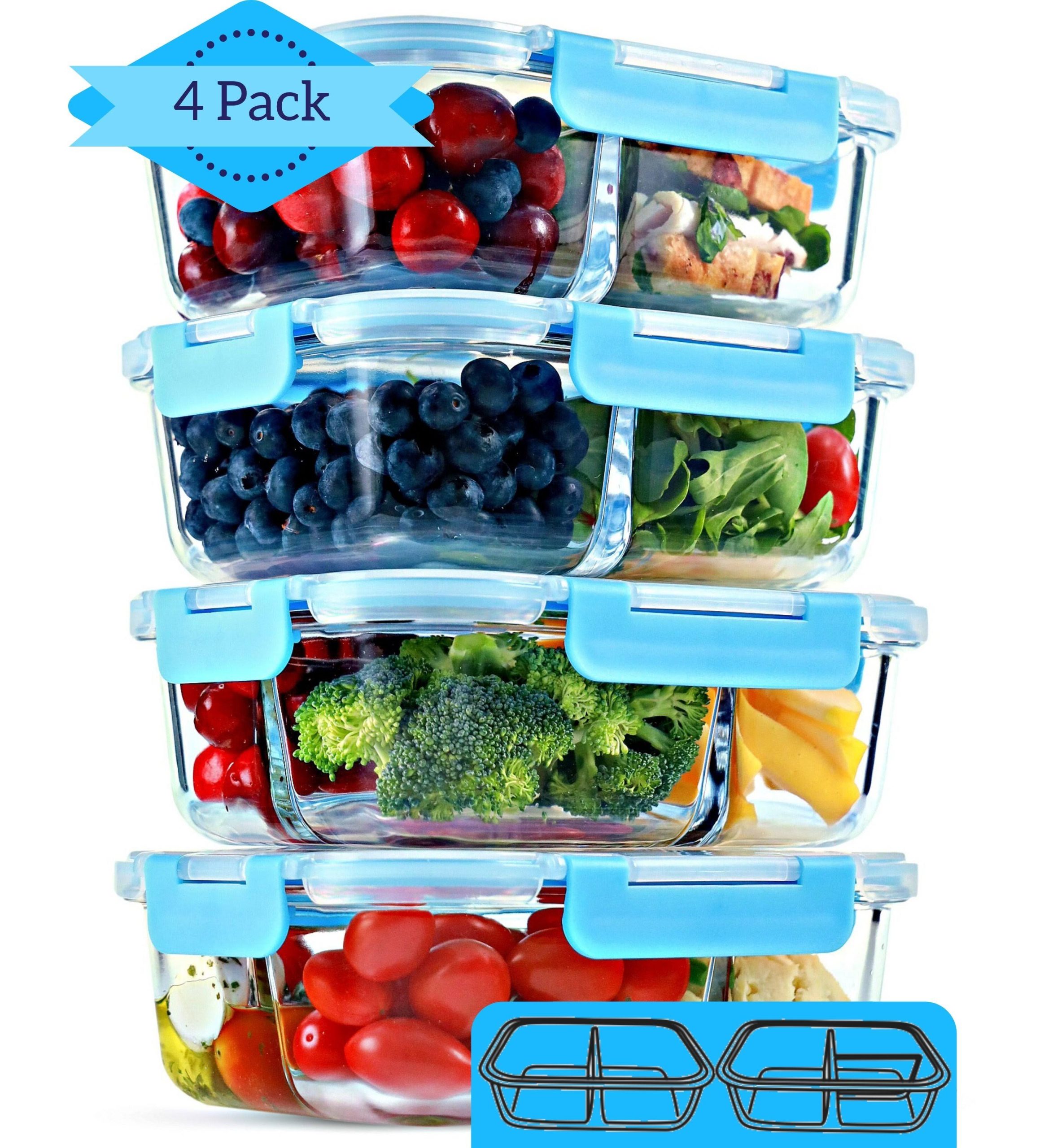 81f49790457cedceda8b2099918f7b387b10e33a6736f824bc0ec7fa1ac07824.jpg 2 & 3 Compartment Glass Meal Prep Containers (4 Pack, 32 oz) - Glass Food Storage Containers with Lids, Airtight Glass Lunch Containers, Glass Bento - Image 1