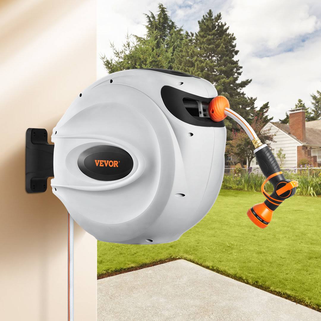 8206757ea3ba7c1db196c488d2f99baf1487d4c6b6d84341f28db4b28ee5ee1e.jpg Bentism Retractable Hose Reel, 65 ft x 5/8 inch, 180 Swivel Bracket Wall-mounted, Garden Water Hose Reel with 9-Pattern Nozzle, Automatic Rewind, Lock - Image 1