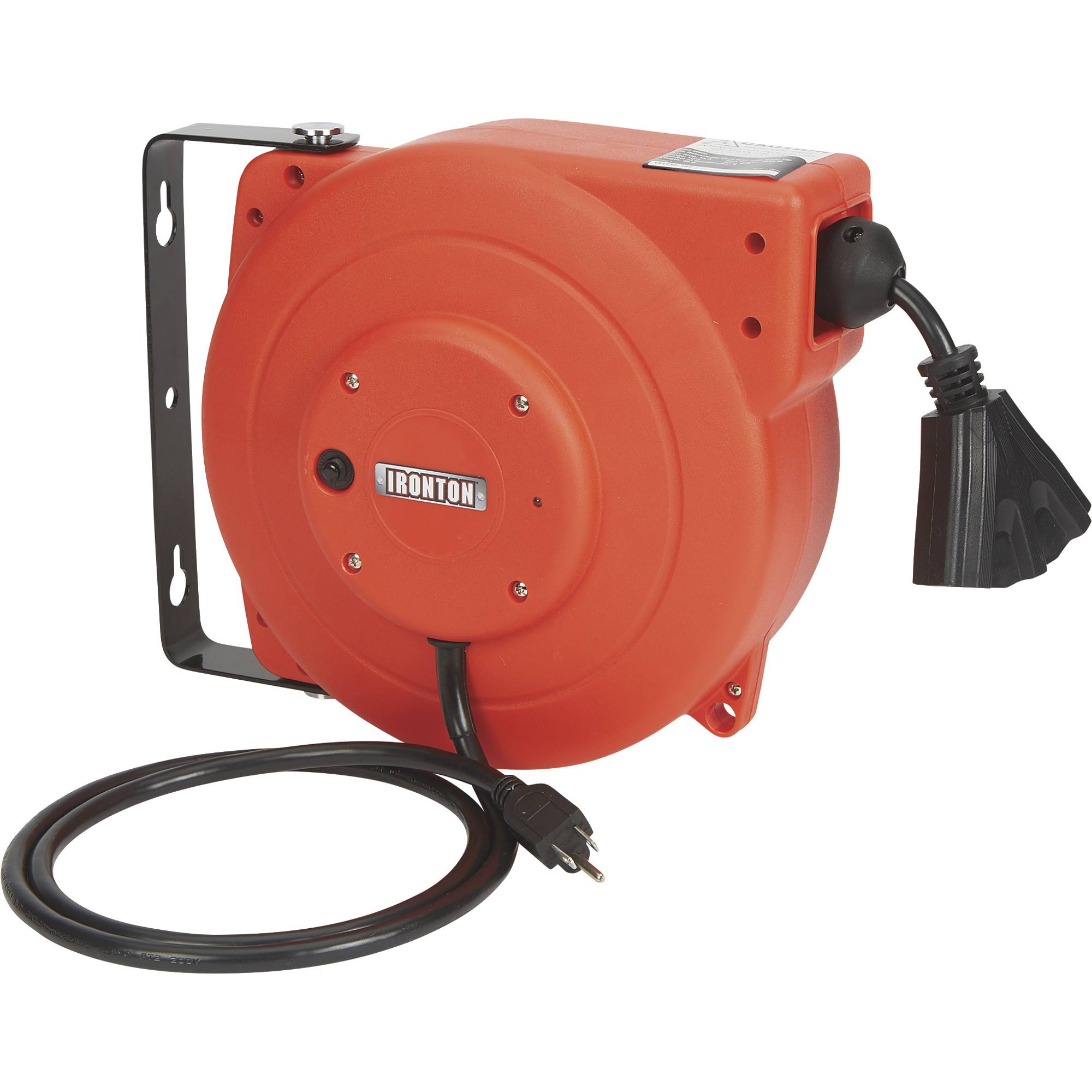 825cdb10f5cfda0a991f8bec66b46b3071b83ec613ac20ff431f372f4f0f21fa.jpg Ironton Retractable Extension Cord Reel - 40ft. 12/3 Triple Tap - Image 1