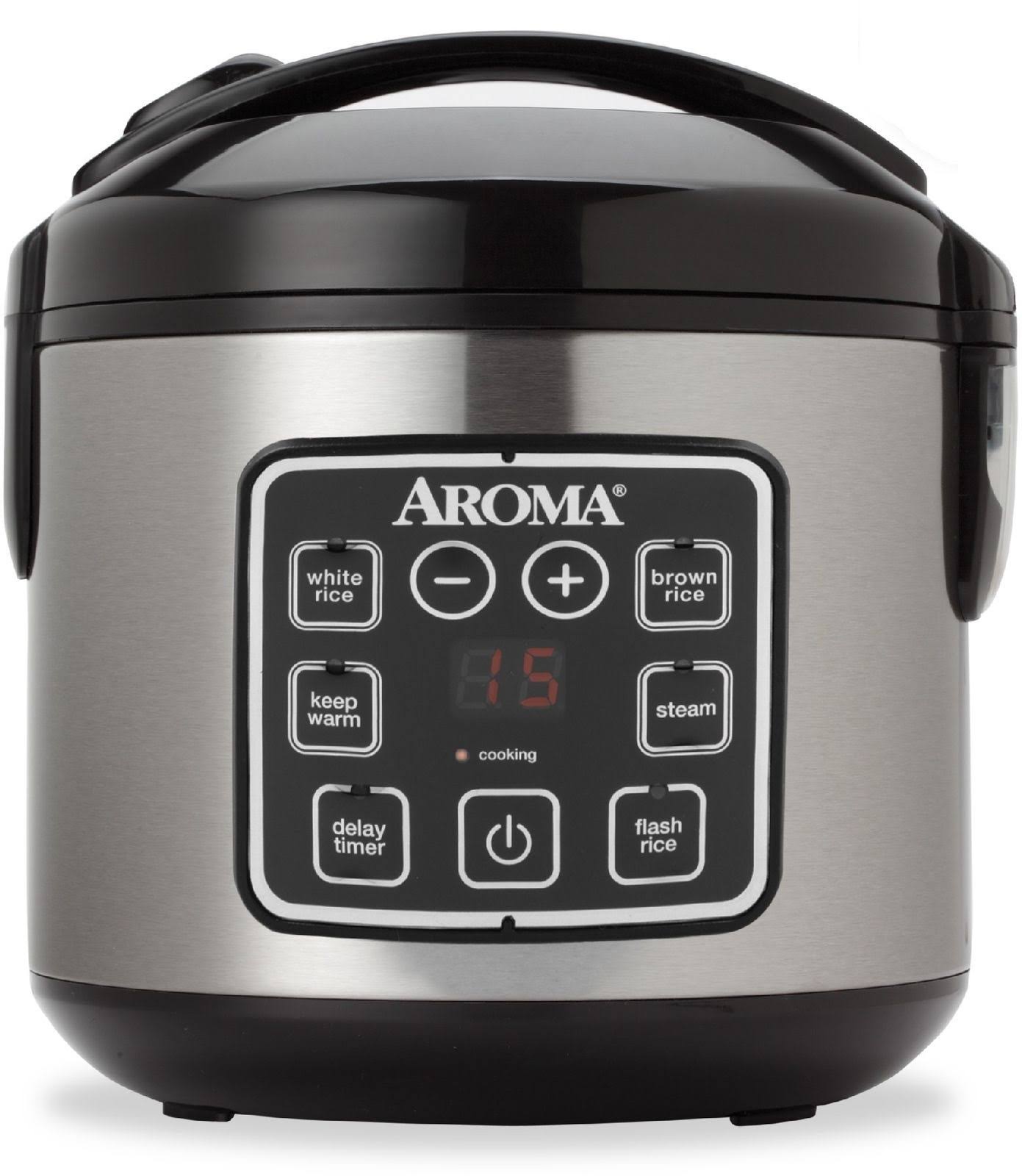 825e86c9dbc3f40d40ddc2ef246f1348ebae3551a3642325d2a72b0865a10dca.jpg Aroma Digital Rice Cooker and Food Steamer, Silver, 8 Cup - Image 1