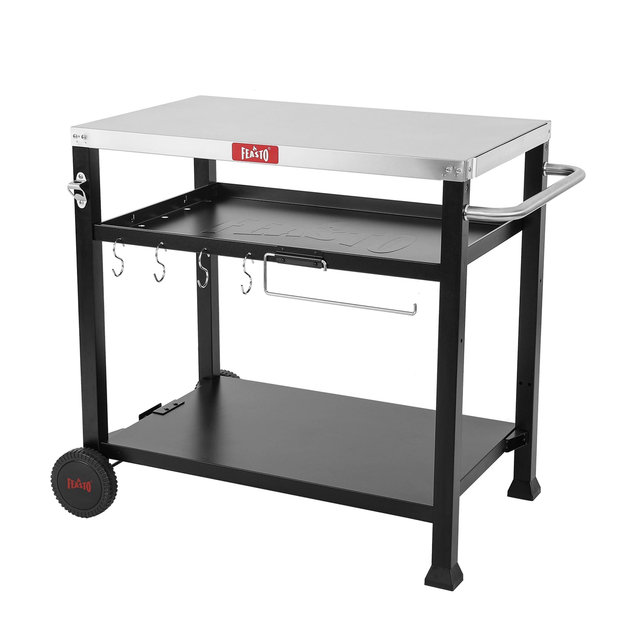 82861f93b7af456ca42c58816edb8cc6ad6fe22ed6ddf656dbd5979fef5e6e0b.jpg 39.5 in. Three-Shelf Stainless Outdoor Movable Food Prep Grill Cart Table Feasto - Image 1