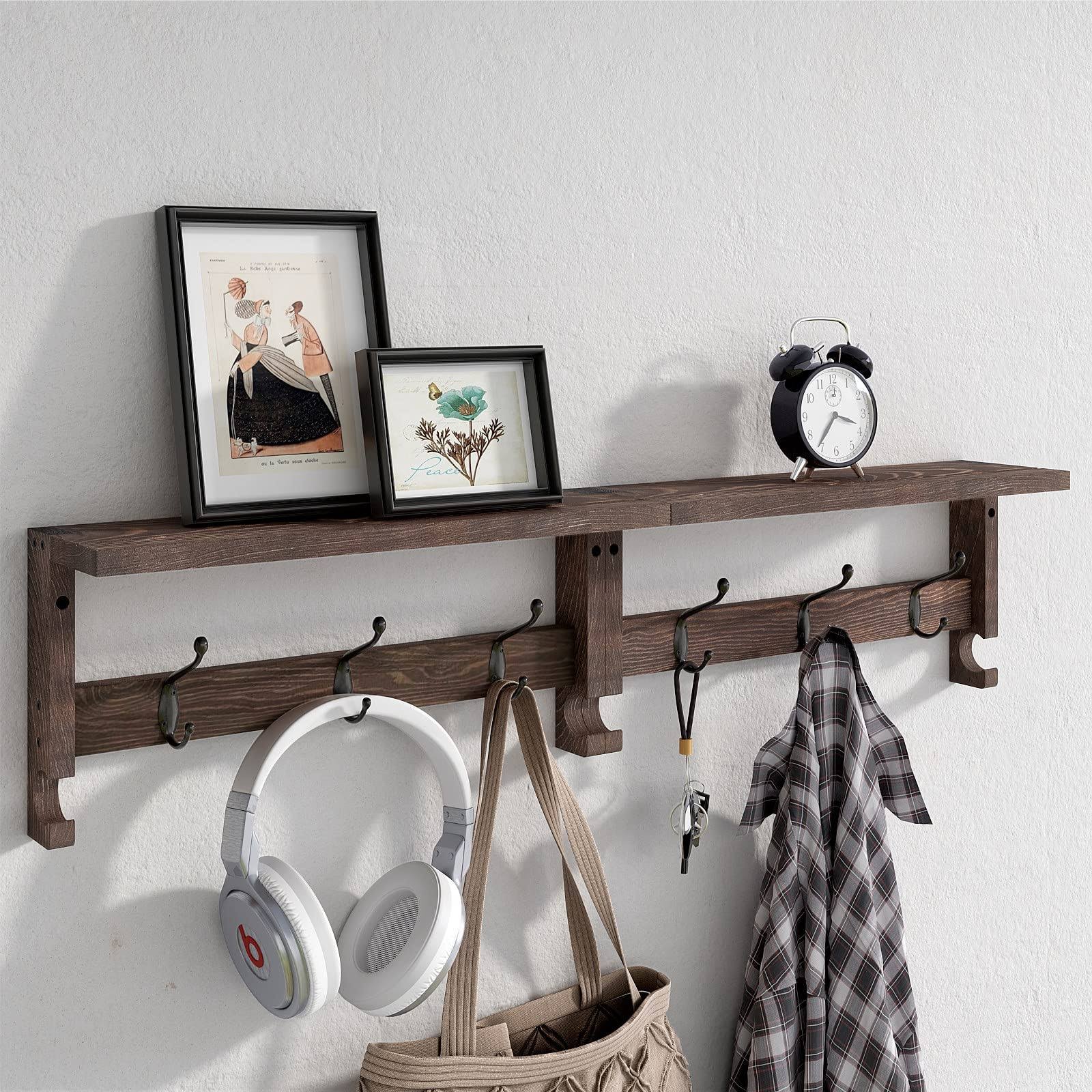 828f3687b32336412537f6be925a26745b343fd6fd2d8649cd452a65713f9cc5.jpg VERTORGAN Coat Hooks, Wood Rack Wall-mounted, 31.5 inch Entryway Shelf with 10 Hooks (Brown) - Image 1
