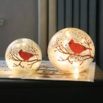 Kaowod Large Crackle Glass Ball Cardinal Lamp, Light Up Red Cardinal Stained Glass Christmas Decor Accent Lamp, Lighted Red Bird Globe Glass Table