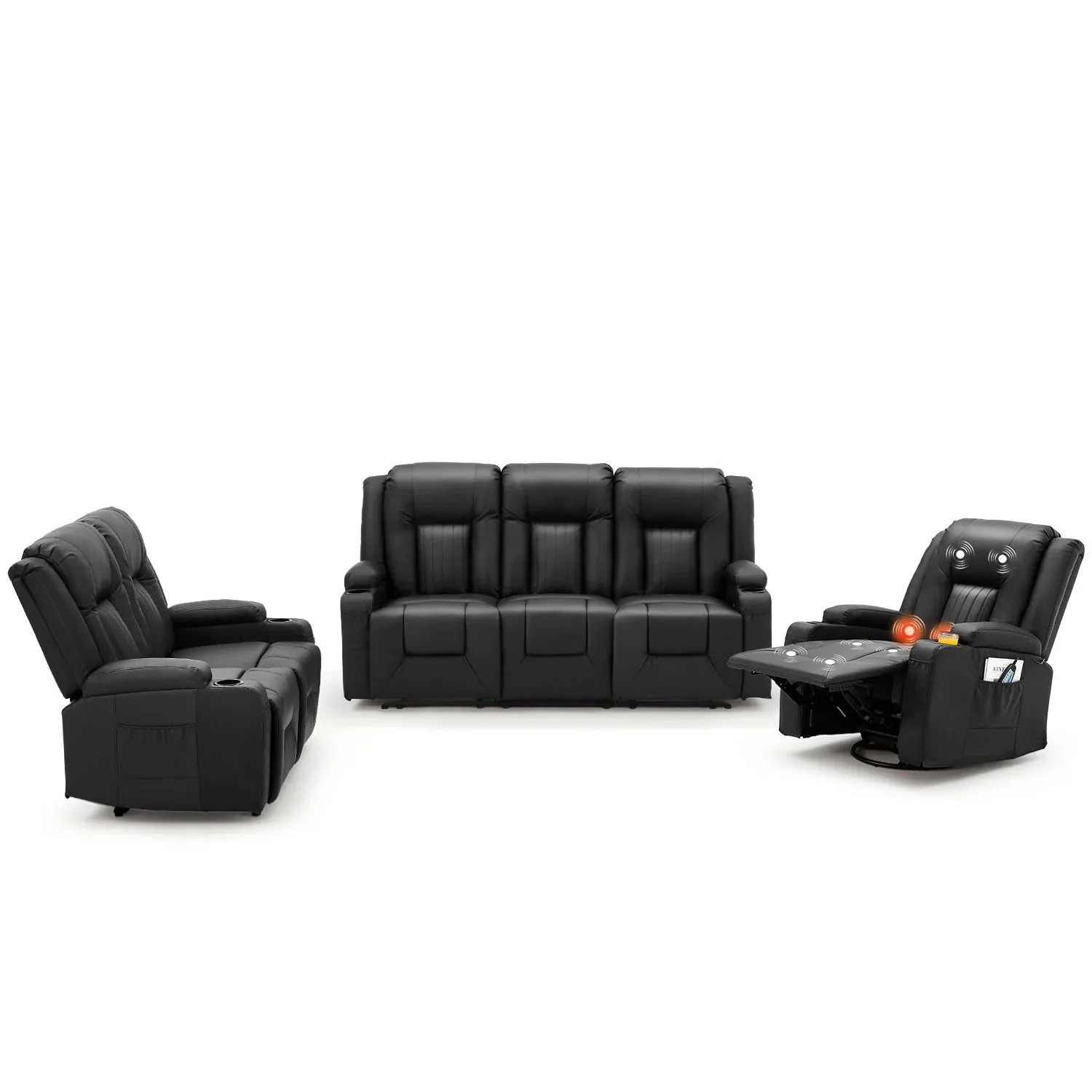 82bd52d7f836539f2e3e300ae69ef014c9b342887b307d950d1d2d4700a2382a.webp AECOJOY 3 Pieces Leather Recliner Sofa Set with Swivel Massage Chair, Black - Image 1