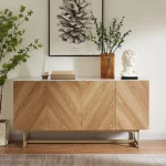 Roomfitters 57�?mid Century Modern TV Stand, Herringbone Pattern Buffet Cabinet Sideboard Credenza, Marble Top Media Console Entertainment Center for Living Room, Entryway (Oak Wood, Gold Metal Legs)