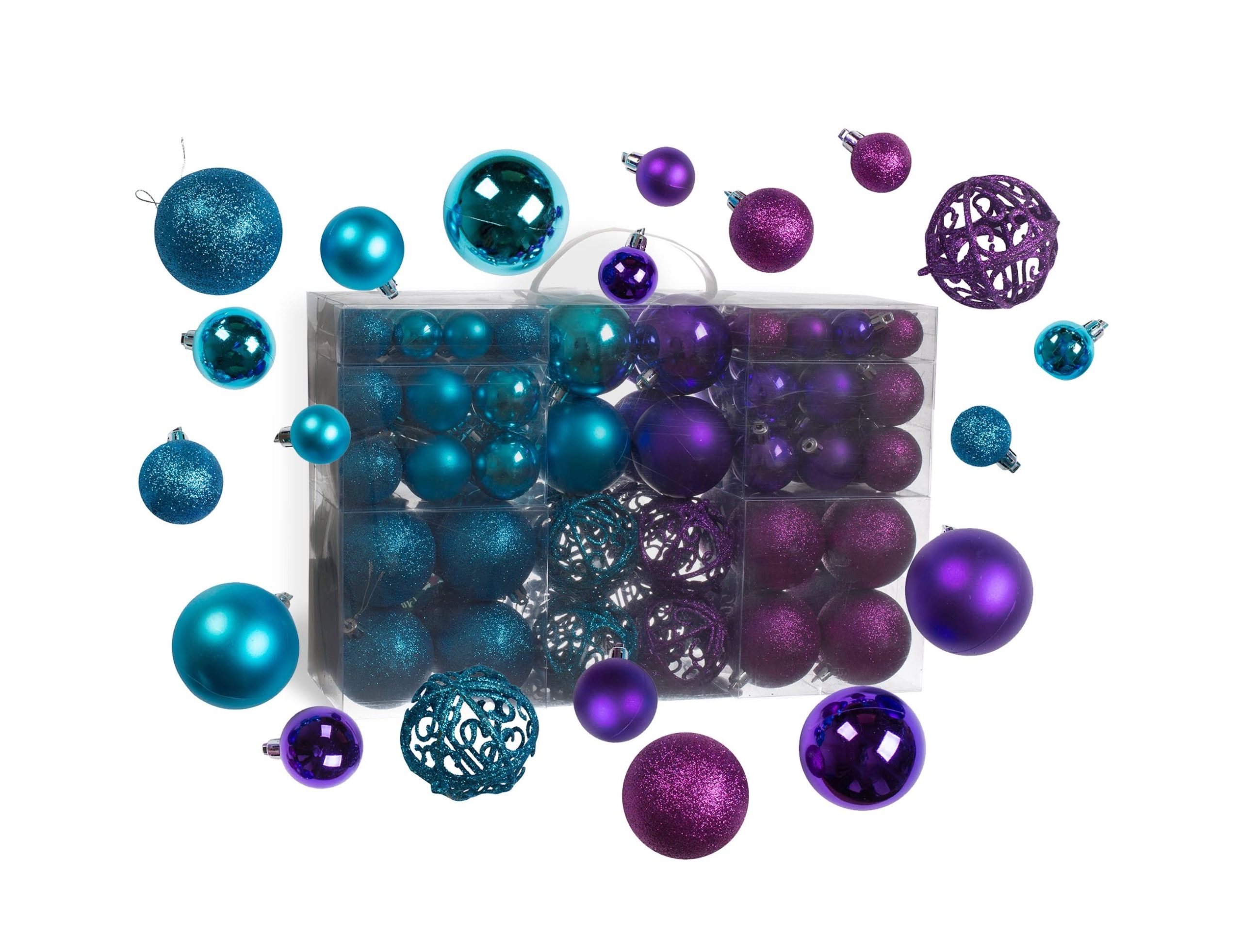 831704e26fb7f4de4fb378988e1c14e70095b0bd044b4ea37549deabb5cd4235.jpg 100 Purple and Blue Christmas Ornament Balls Shatterproof + 100 - Image 1